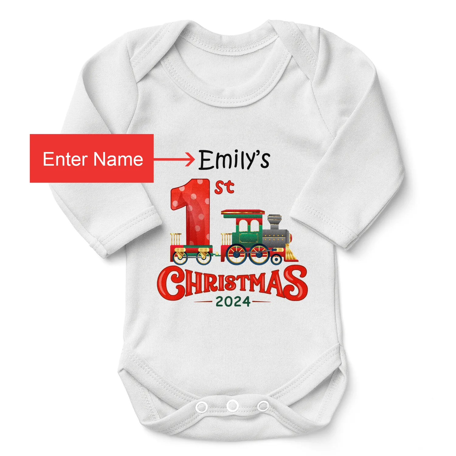 [Personalized] Endanzoo Organic Long Sleeves Baby Bodysuit for Boy or Girl - First Christmas 2024 Train