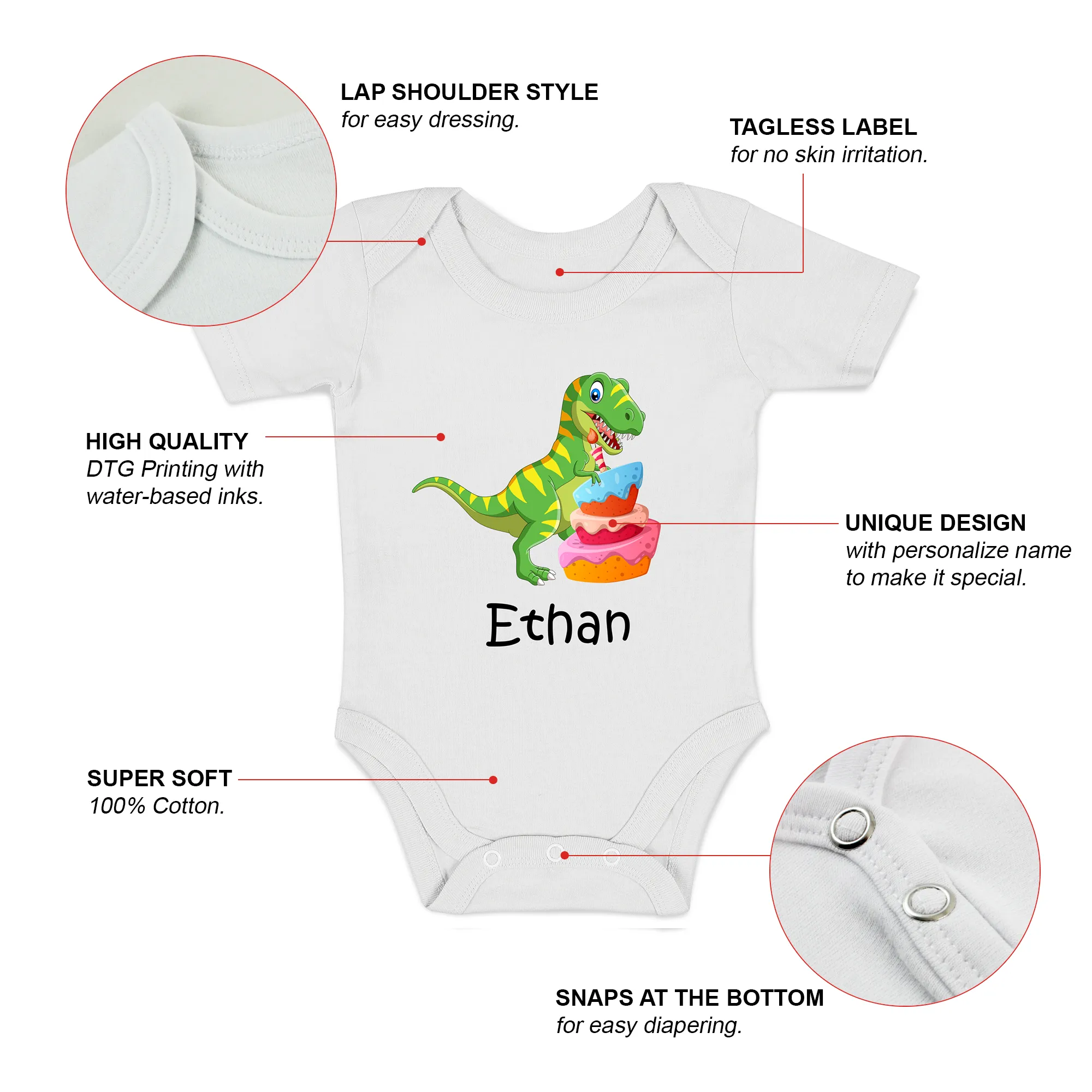 [Personalized] Endanzoo Organic Short Sleeves Baby Bodysuit - Dinosaurs Smashing Cake