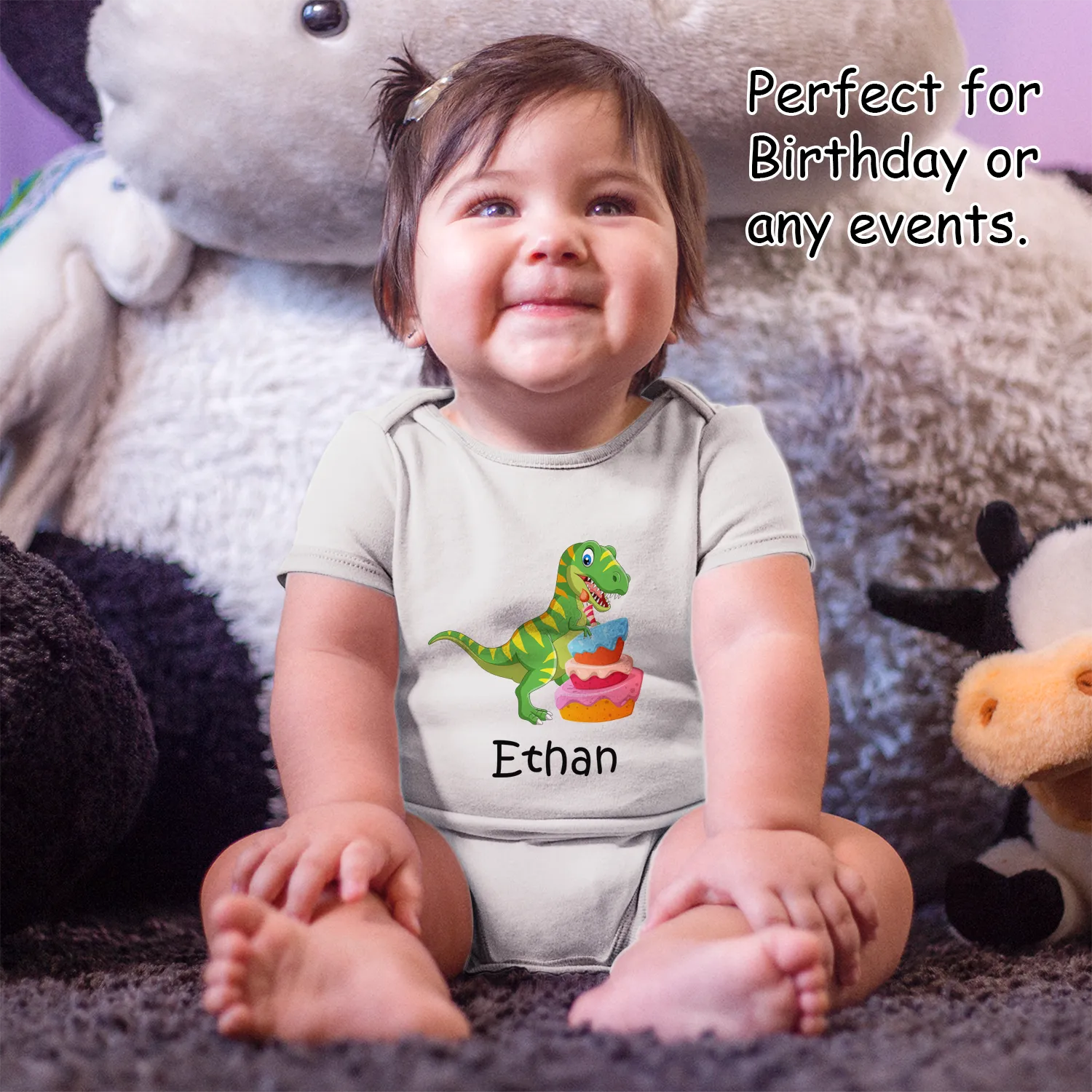 [Personalized] Endanzoo Organic Short Sleeves Baby Bodysuit - Dinosaurs Smashing Cake
