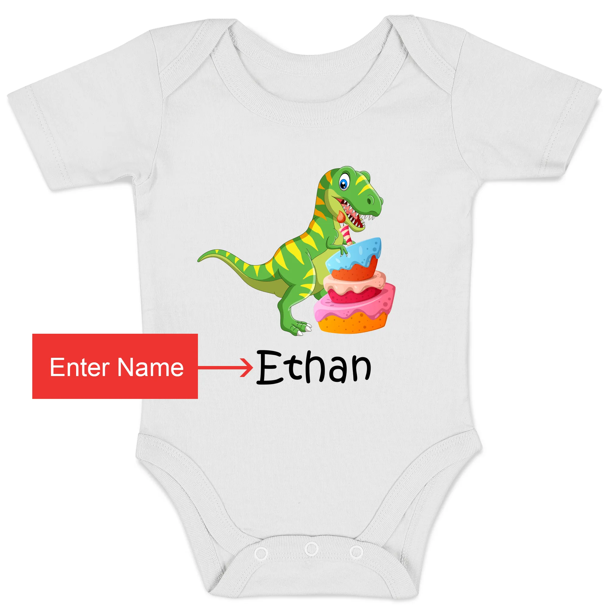 [Personalized] Endanzoo Organic Short Sleeves Baby Bodysuit - Dinosaurs Smashing Cake