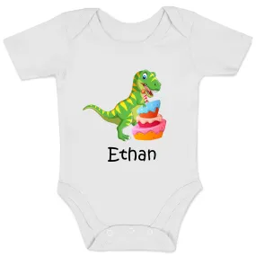 [Personalized] Endanzoo Organic Short Sleeves Baby Bodysuit - Dinosaurs Smashing Cake
