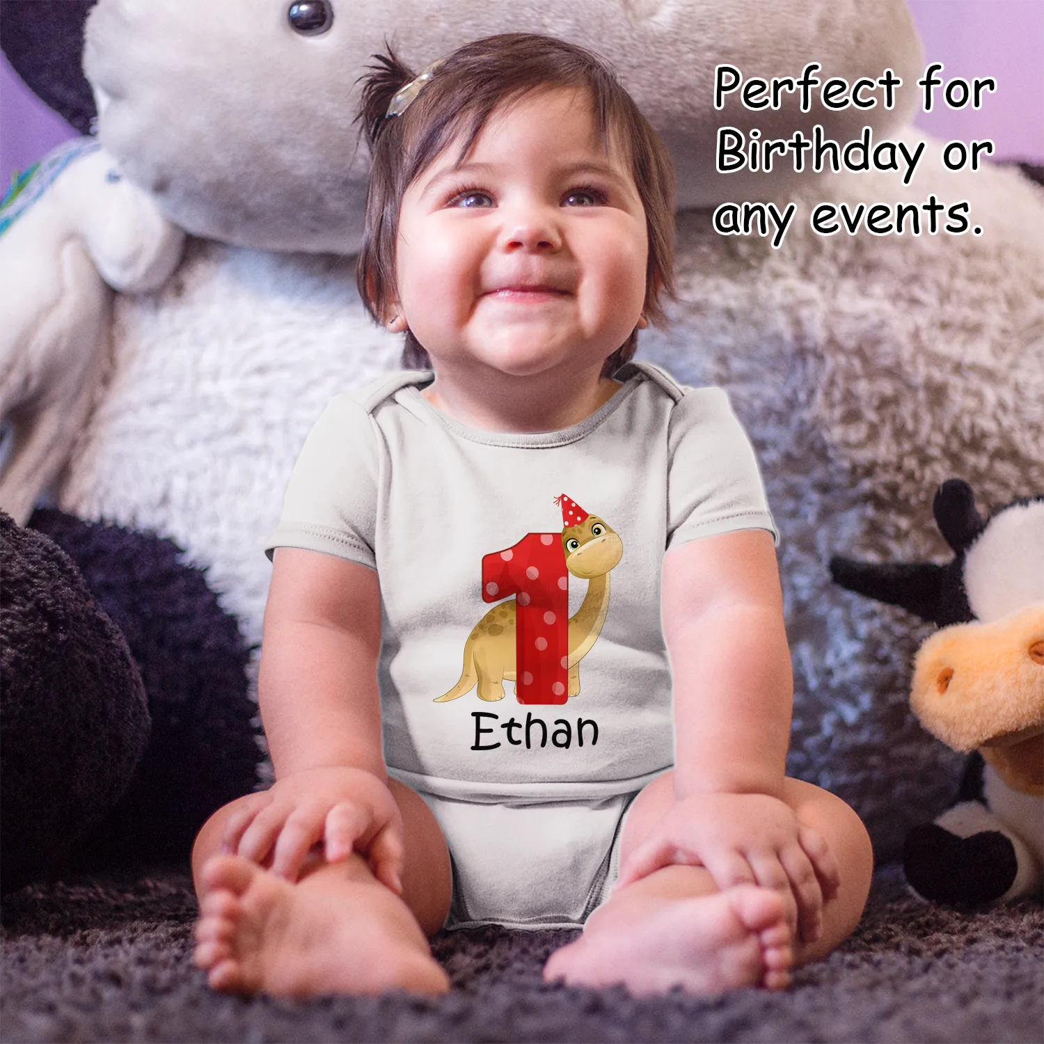 [Personalized] Endanzoo Organic Short Sleeves Baby Bodysuit - First Birthday Dinosaurs