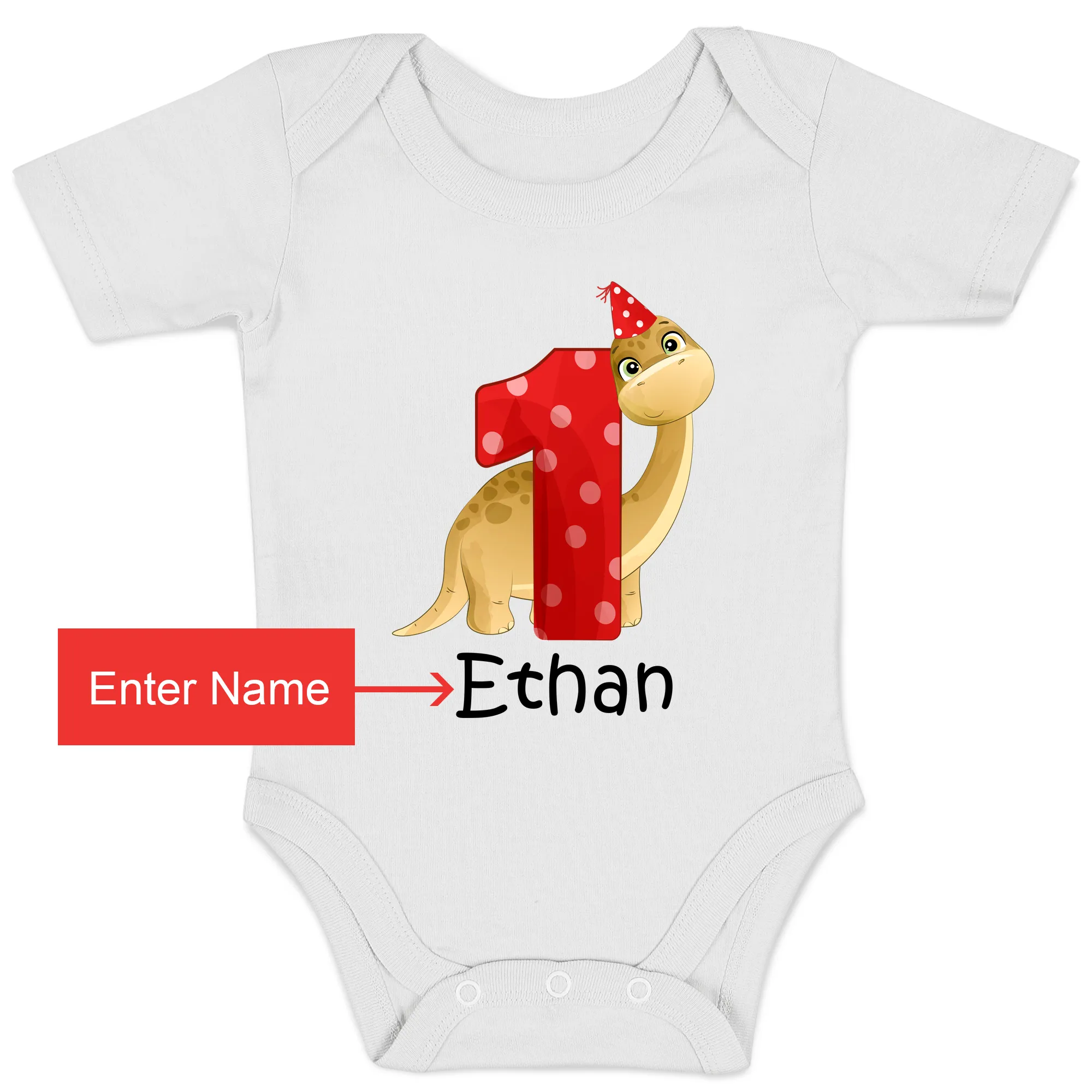 [Personalized] Endanzoo Organic Short Sleeves Baby Bodysuit - First Birthday Dinosaurs