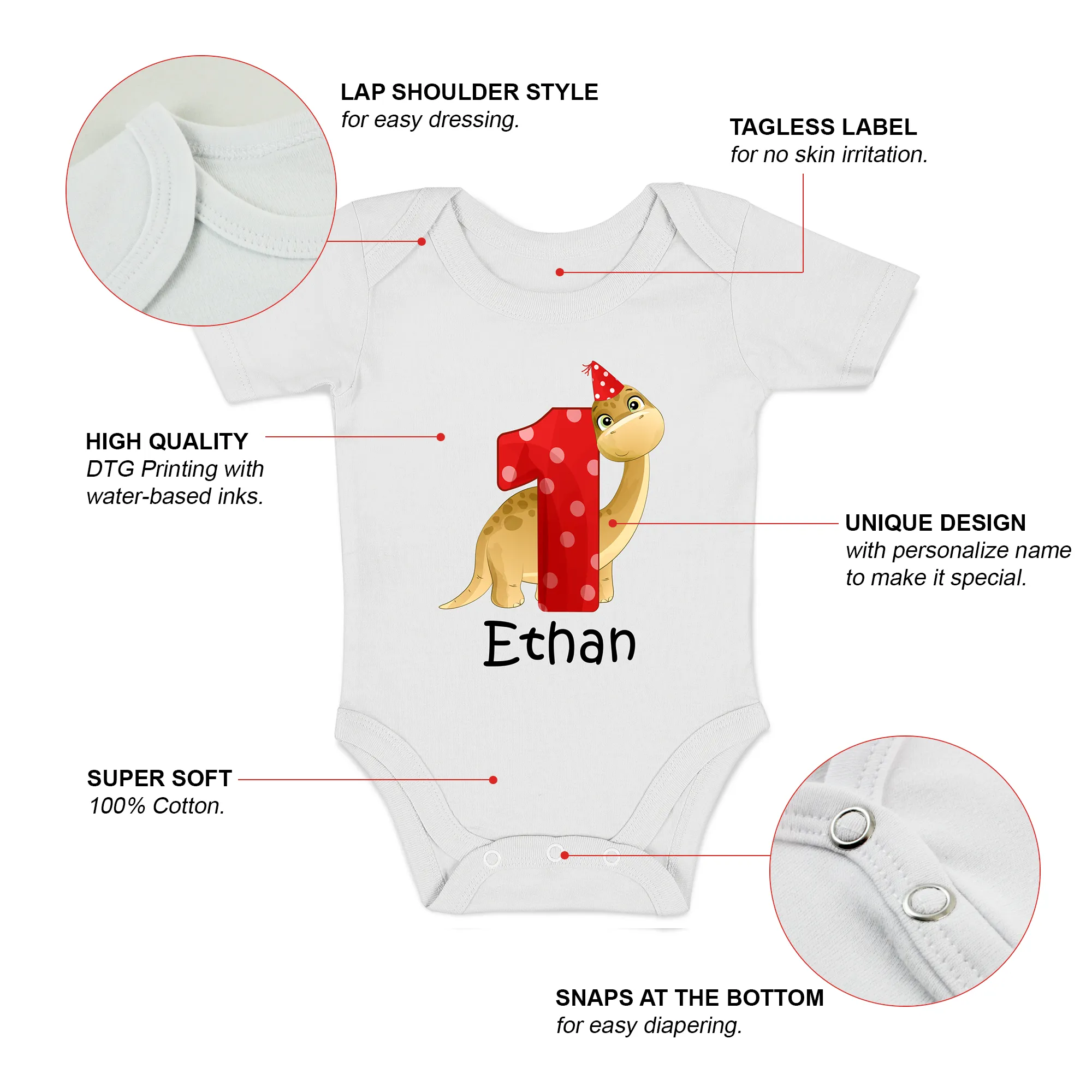 [Personalized] Endanzoo Organic Short Sleeves Baby Bodysuit - First Birthday Dinosaurs