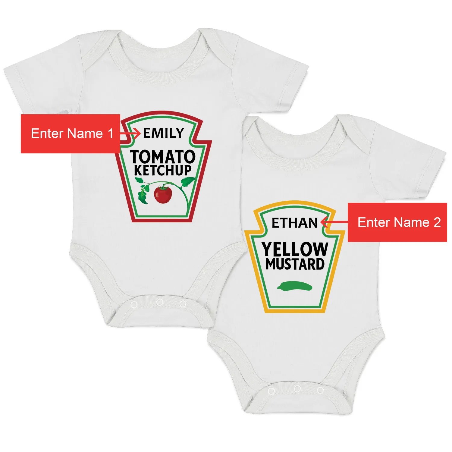 [Personalized] Endanzoo Twins Organic Baby Bodysuits - Ketchup & Mustard