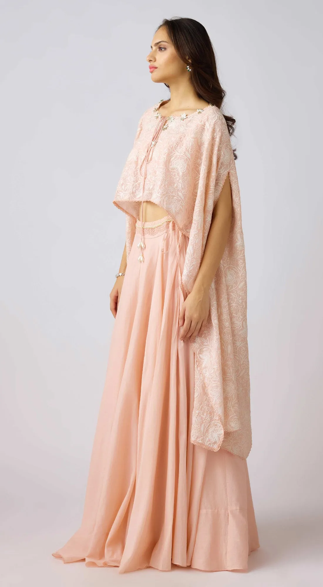 Pink Cotton Embroidered Cape Set