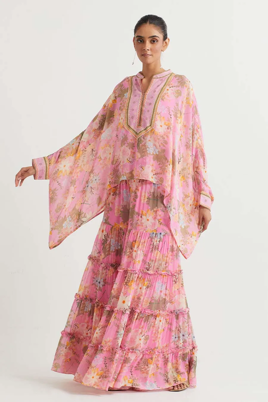 Pink Printed Poncho Cape & Sharara Set