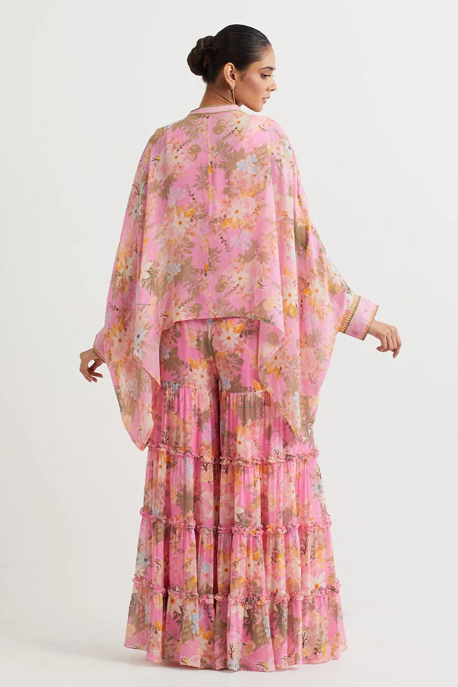 Pink Printed Poncho Cape & Sharara Set