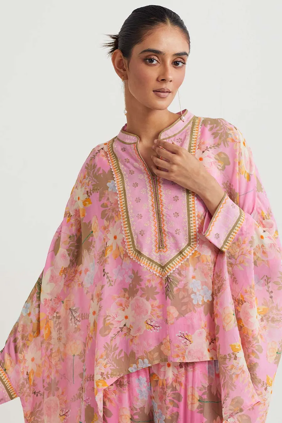 Pink Printed Poncho Cape & Sharara Set
