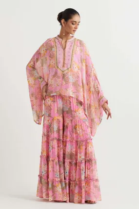 Pink Printed Poncho Cape & Sharara Set