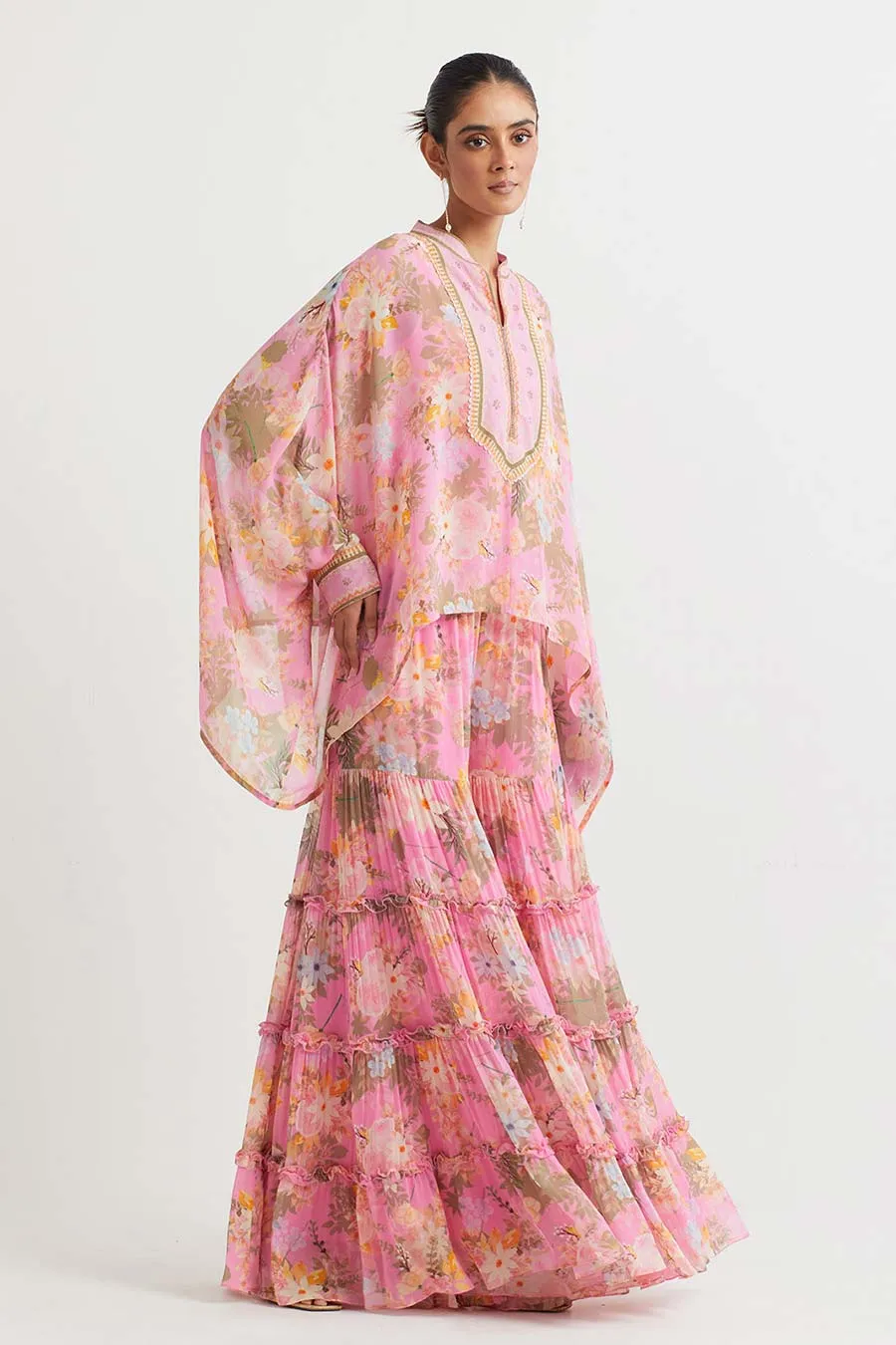 Pink Printed Poncho Cape & Sharara Set