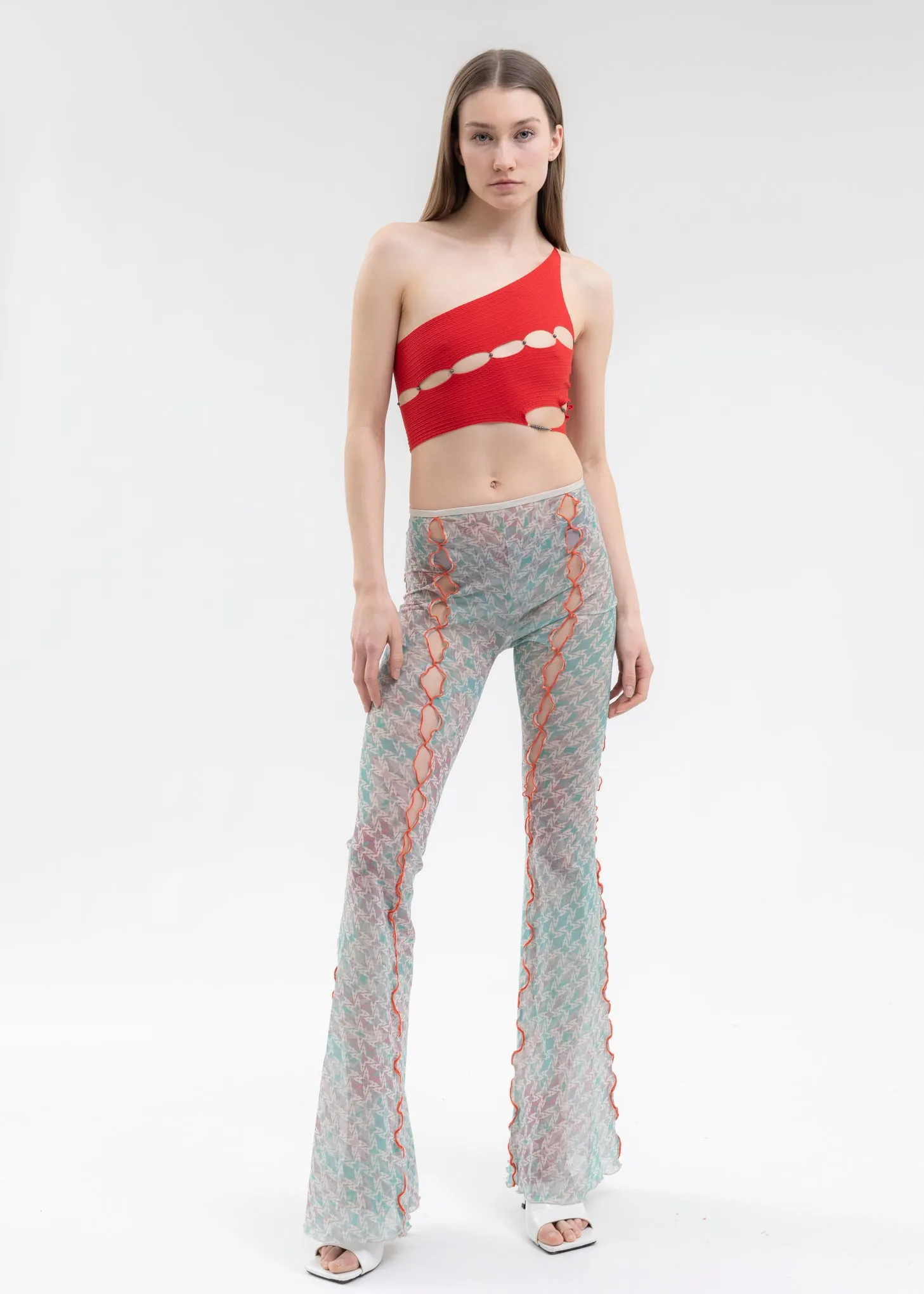 PRINTED MESH FLARED TROUSERS