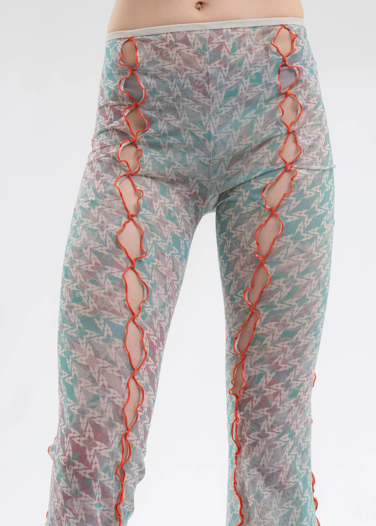 PRINTED MESH FLARED TROUSERS
