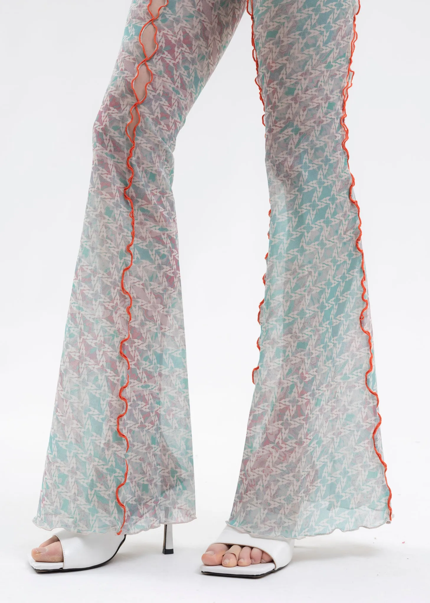 PRINTED MESH FLARED TROUSERS