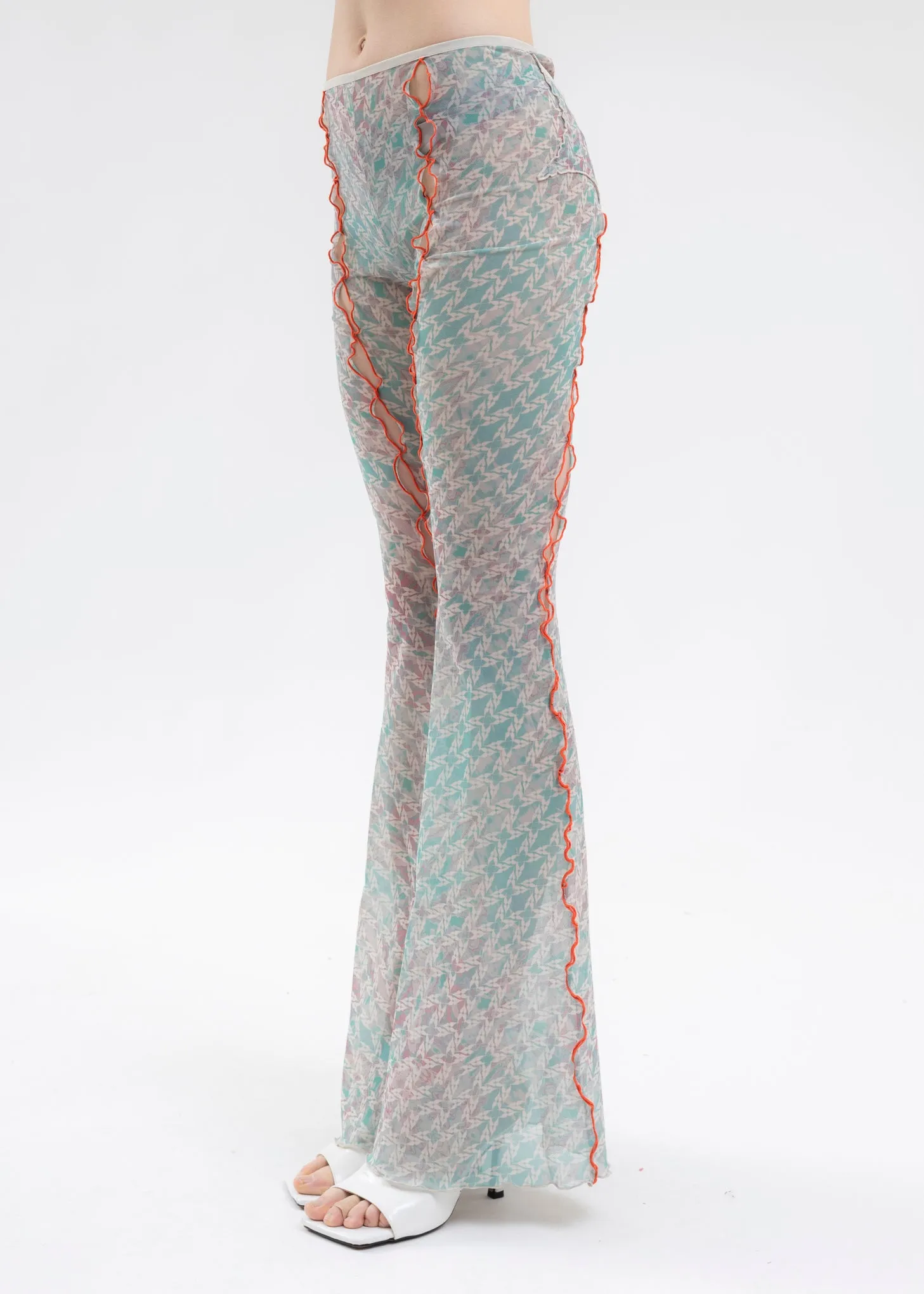 PRINTED MESH FLARED TROUSERS