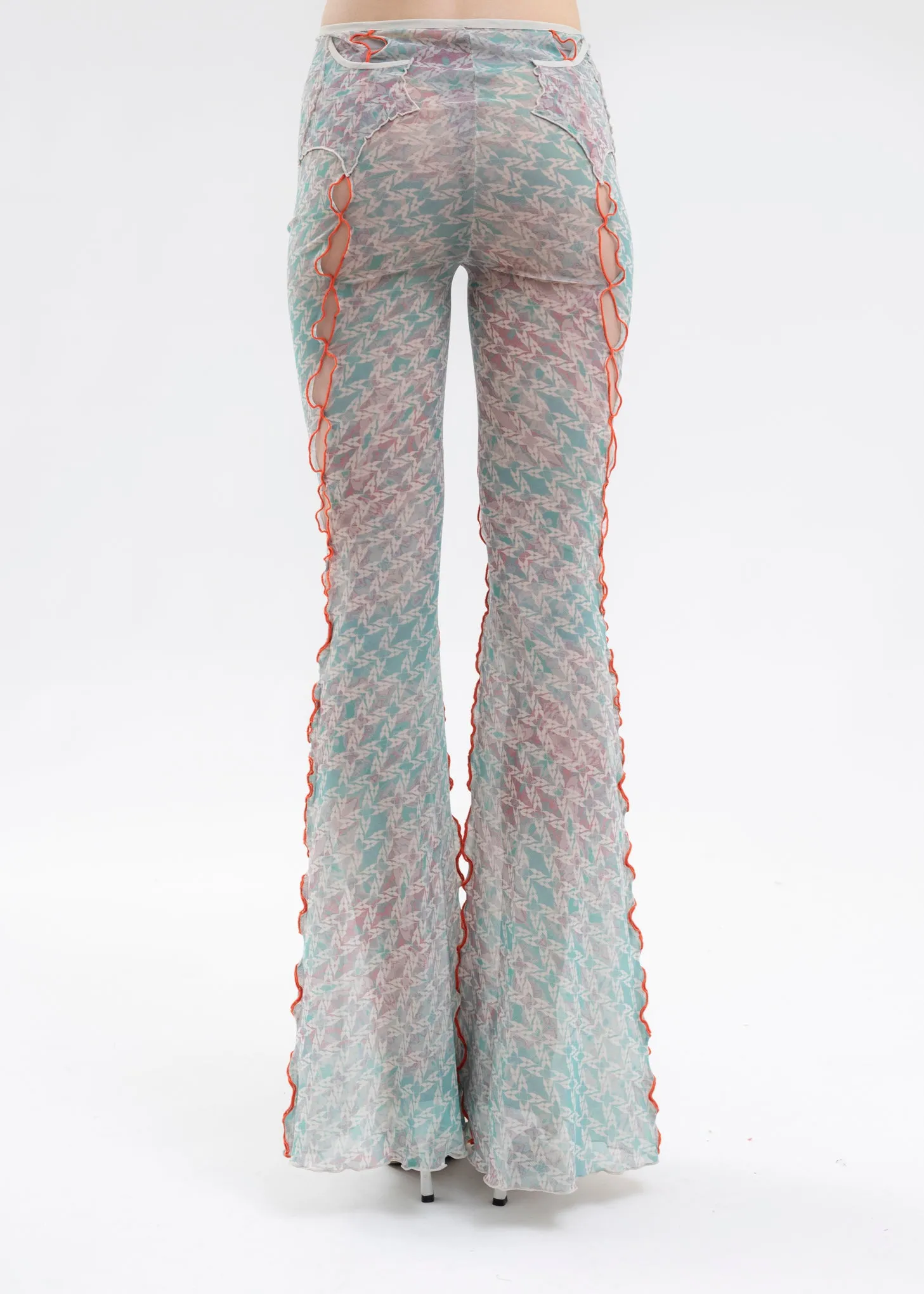 PRINTED MESH FLARED TROUSERS