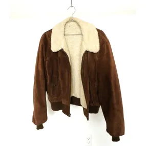 "Retail" Vintage Sherpa Lined Suede Leather Full Zip Bomber Flight Jacket Brown