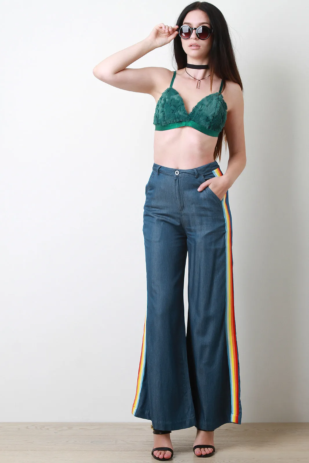 Rainbow Stripe High Waist Wide Leg Chambray Pants