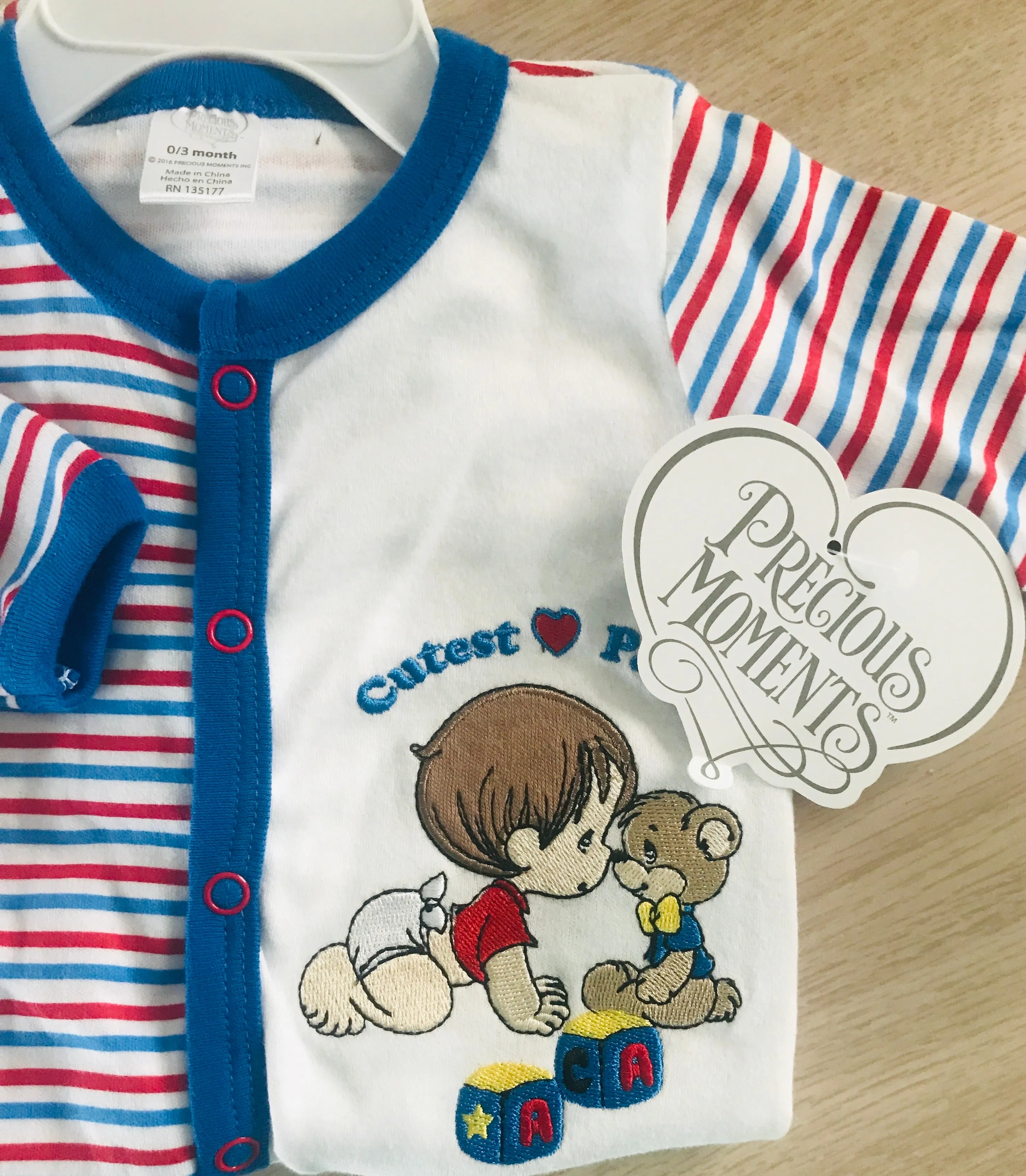 Rare Precious Moments Sleep & Play Baby Boy Clothing Embroidered One-Piece Outfit Snap-Up Footed Romper Sleepsuit 0-3 M 'Cutest Pals' Boy with a Bear