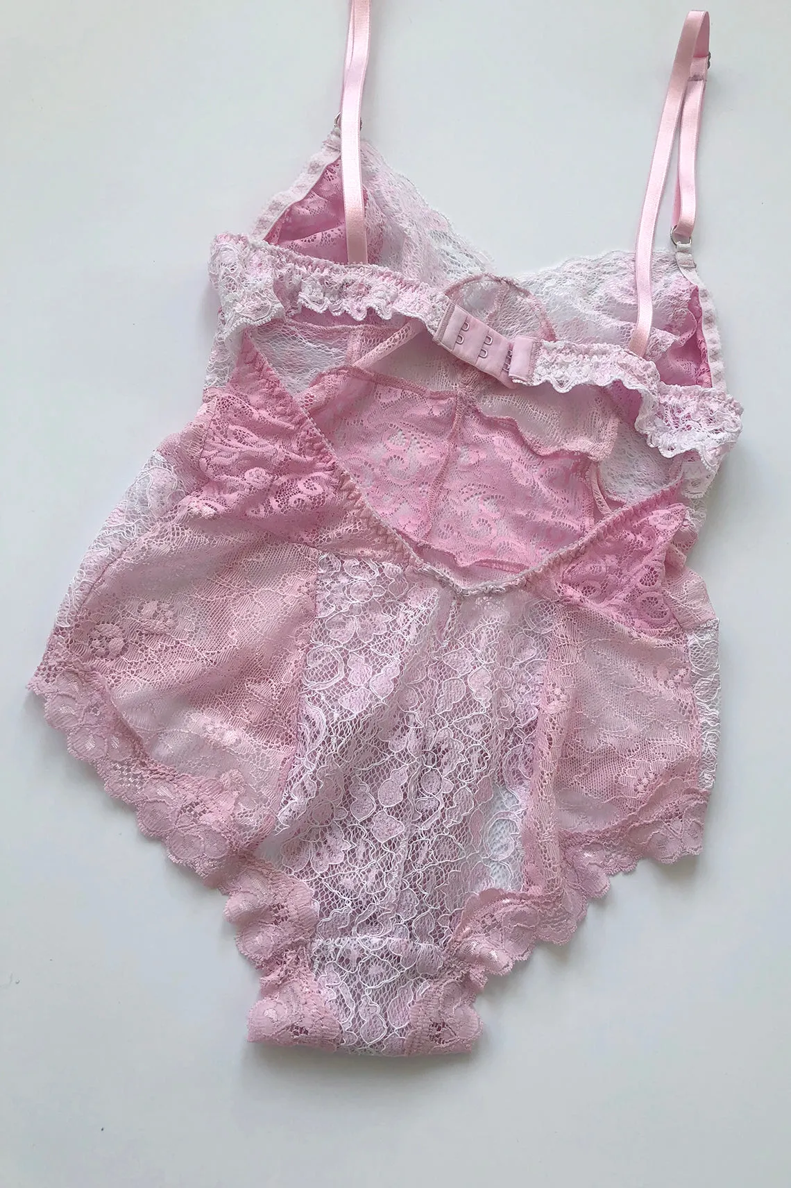 READY TO SHIP Entwine Patchwork Lace Bodysuit in Pink (XXL)