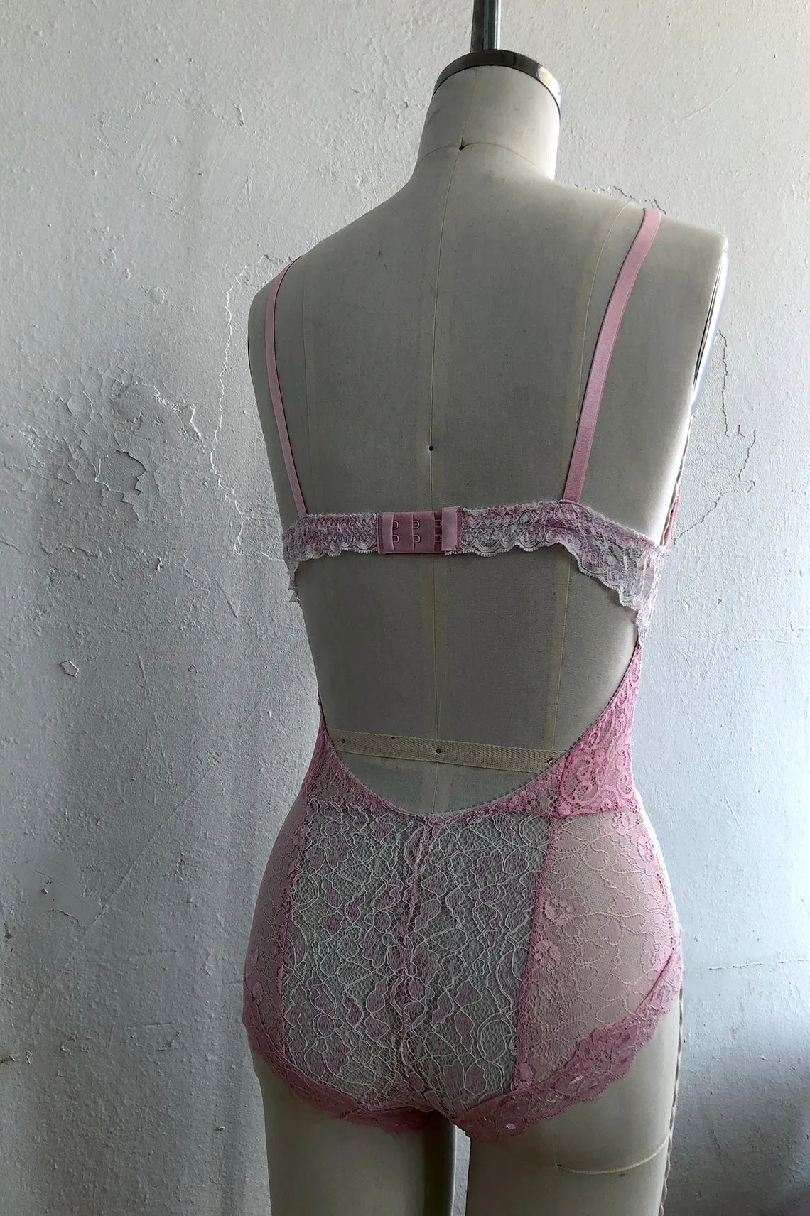 READY TO SHIP Entwine Patchwork Lace Bodysuit in Pink (XXL)