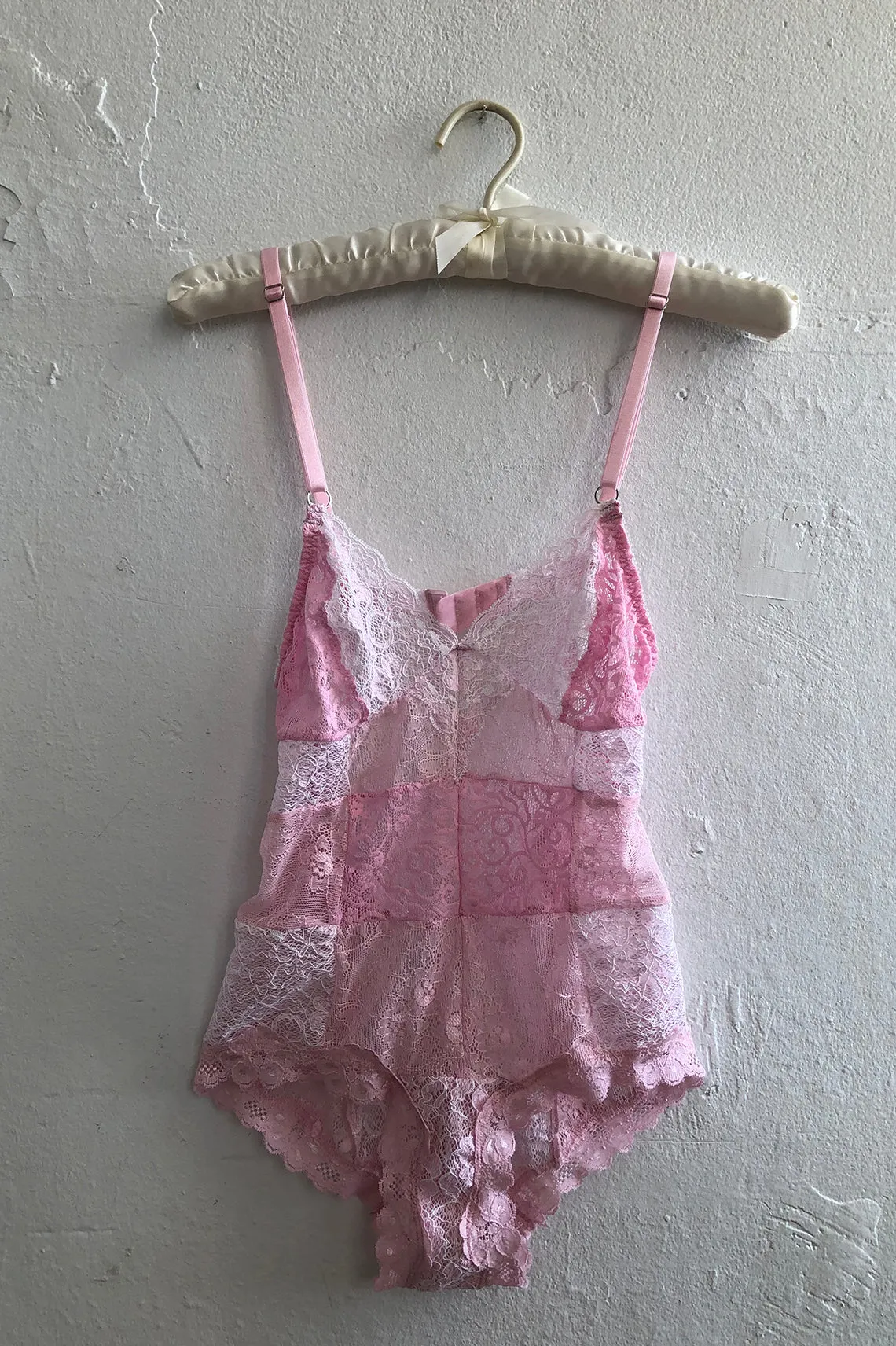 READY TO SHIP Entwine Patchwork Lace Bodysuit in Pink (XXL)