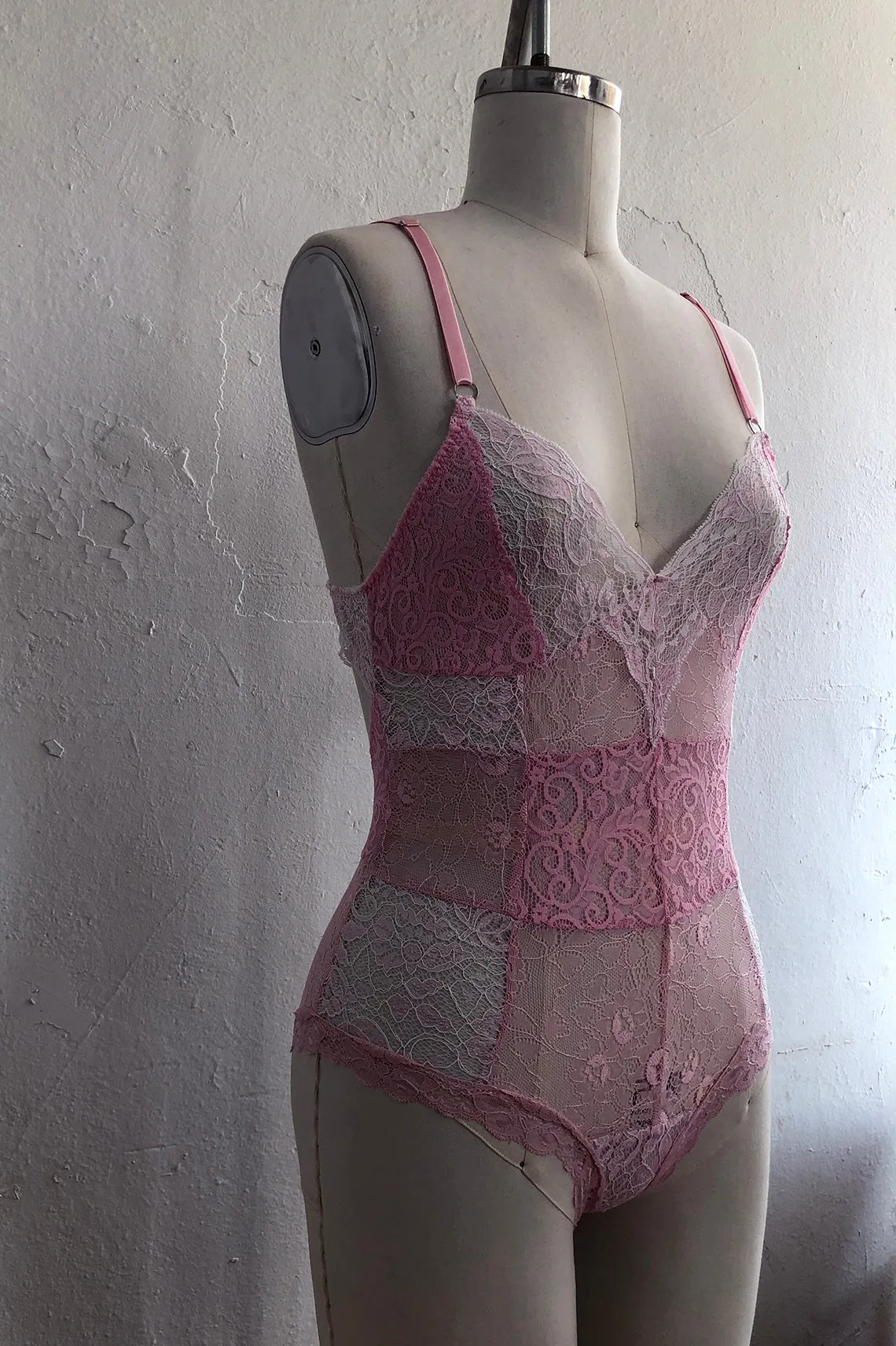 READY TO SHIP Entwine Patchwork Lace Bodysuit in Pink (XXL)