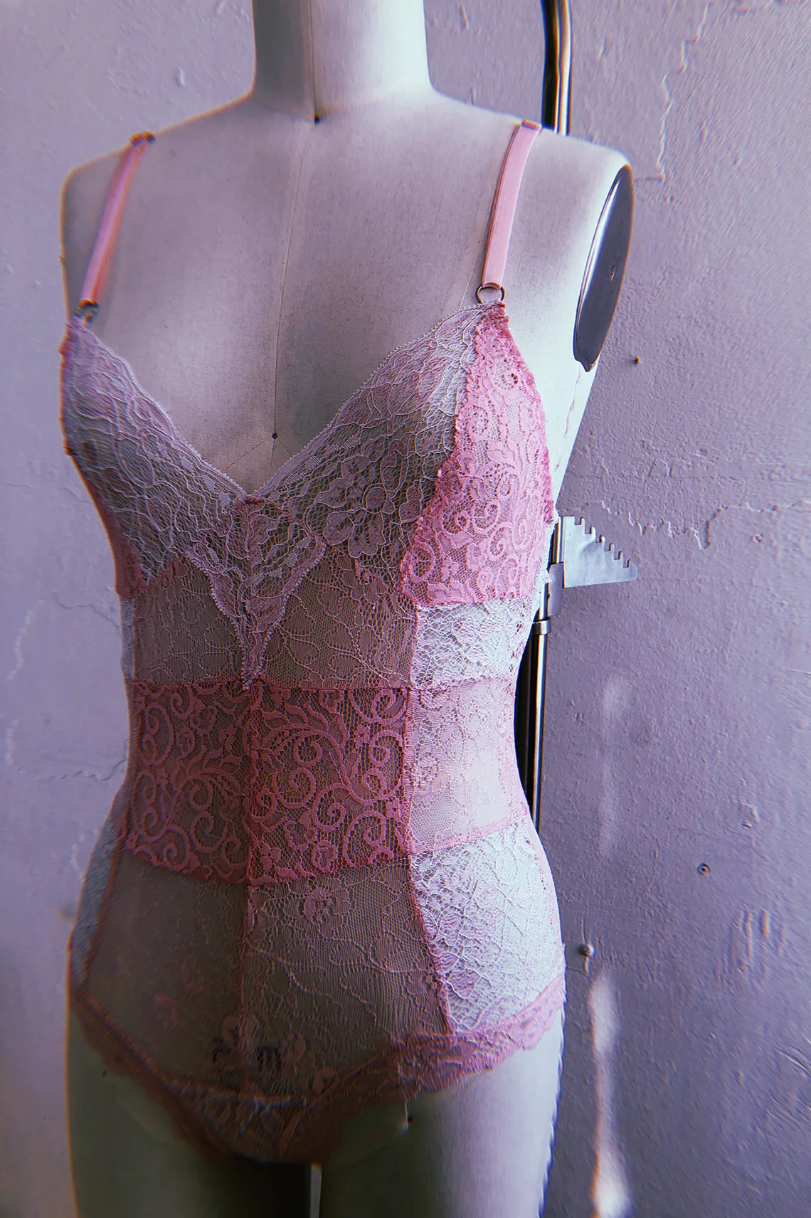 READY TO SHIP Entwine Patchwork Lace Bodysuit in Pink (XXL)