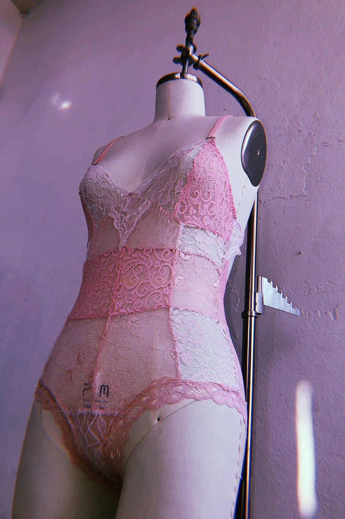 READY TO SHIP Entwine Patchwork Lace Bodysuit in Pink (XXL)