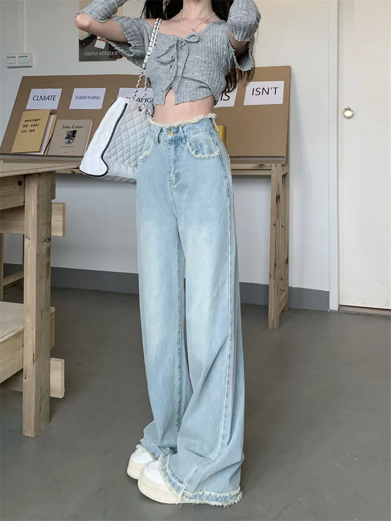 Retro Raw Edge High Wast Wide Leg Light Blue Jeans Pants