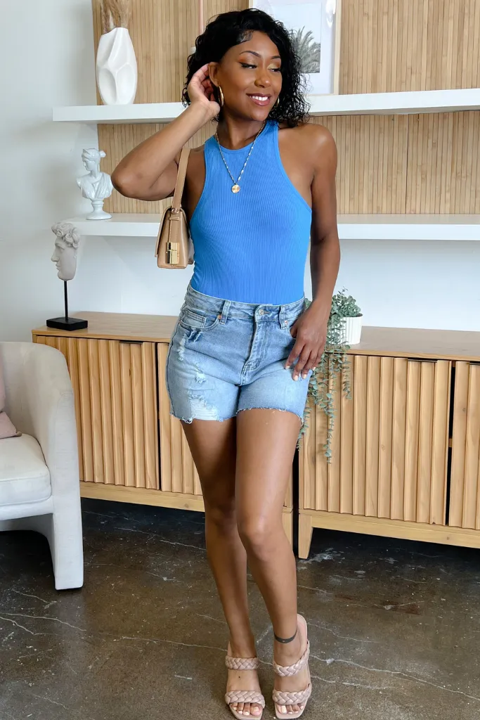 Ribbed High Neck Bodysuit - Blue