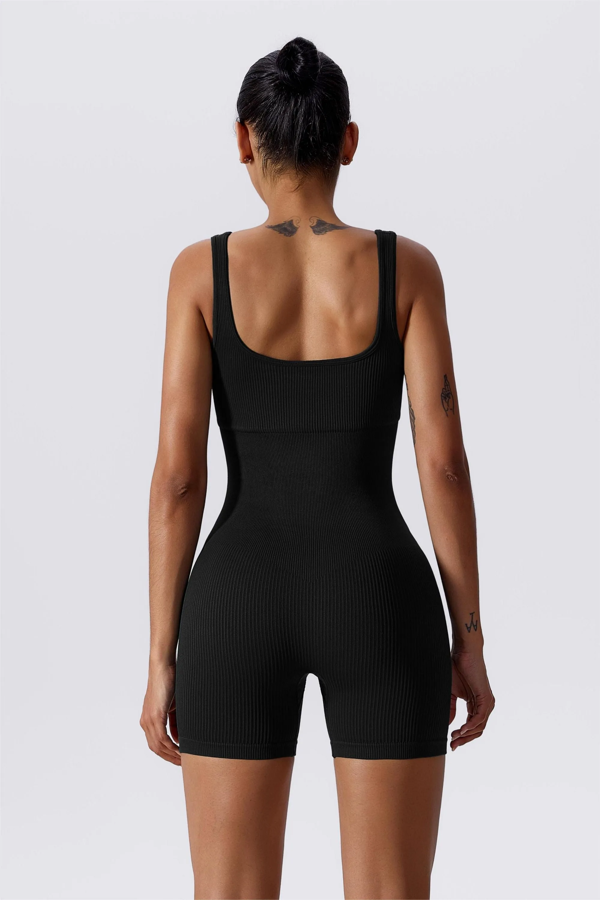 Ribbed Sculpted Scoop Neck Open Back Shortsie