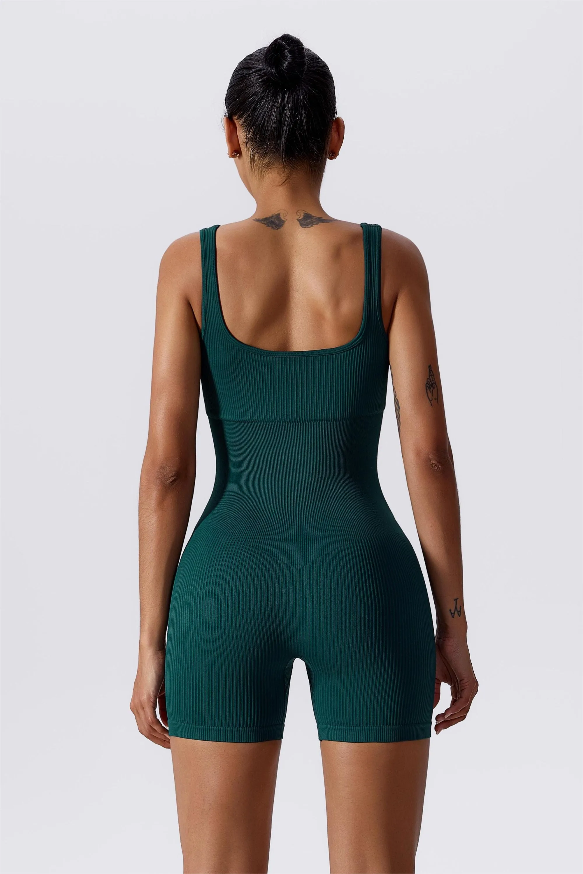 Ribbed Sculpted Scoop Neck Open Back Shortsie