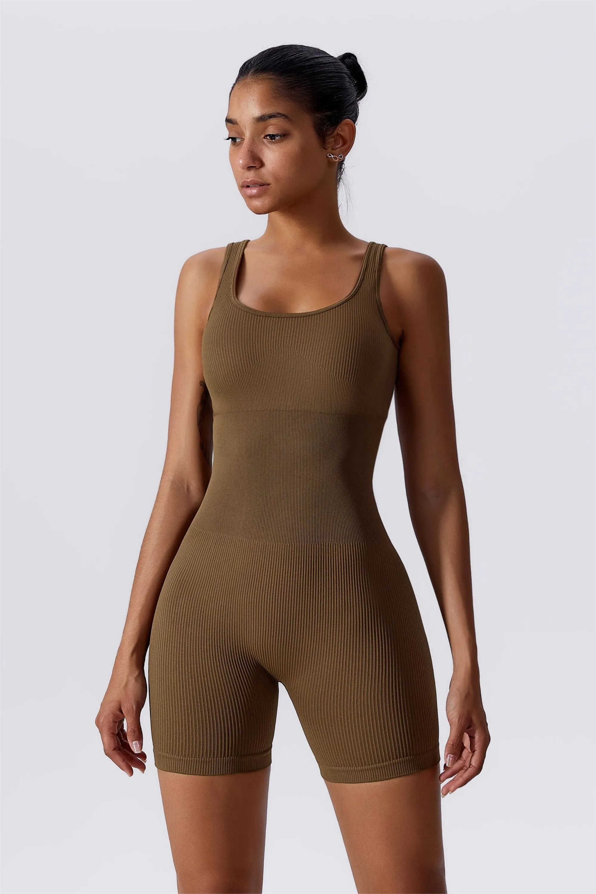 Ribbed Sculpted Scoop Neck Open Back Shortsie