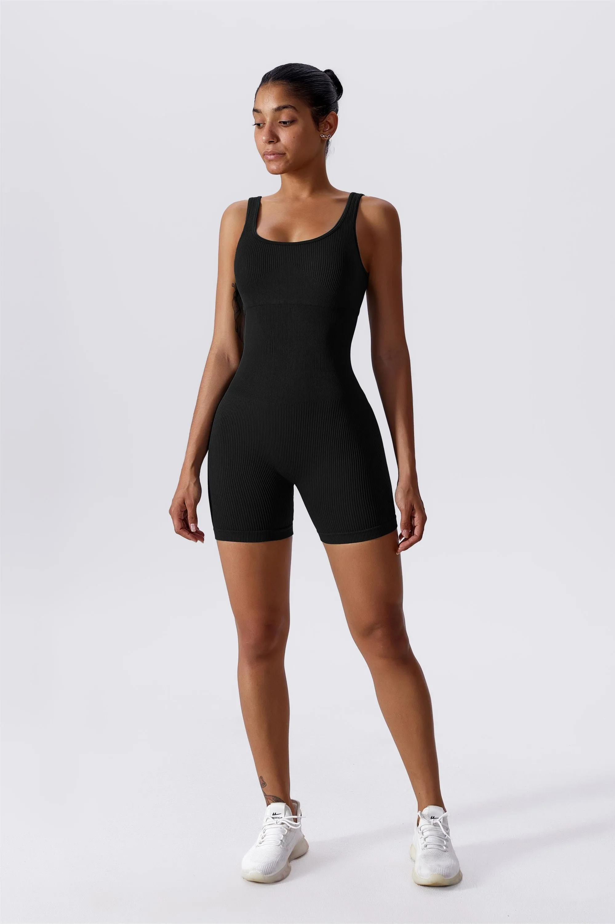 Ribbed Sculpted Scoop Neck Open Back Shortsie