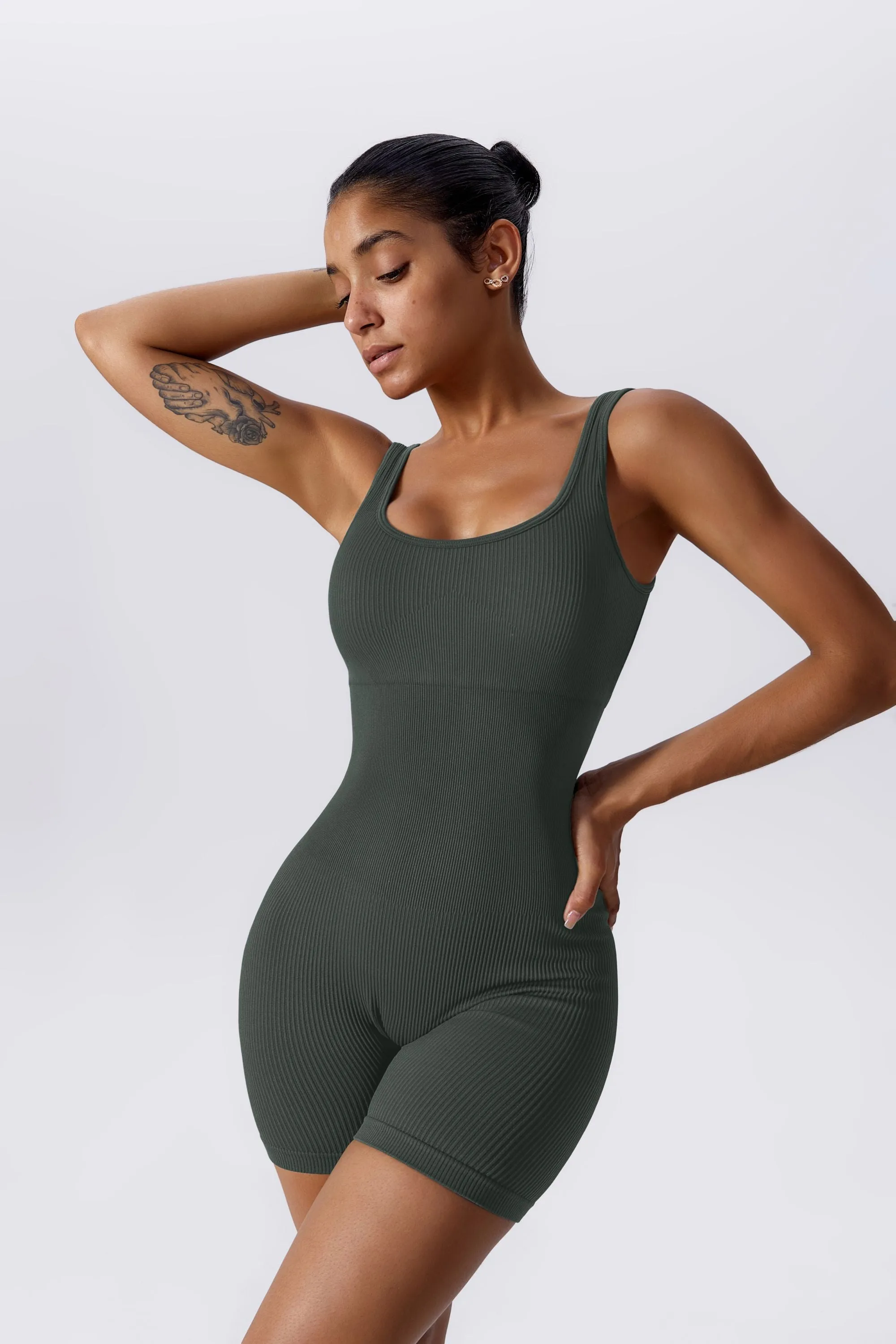 Ribbed Sculpted Scoop Neck Open Back Shortsie