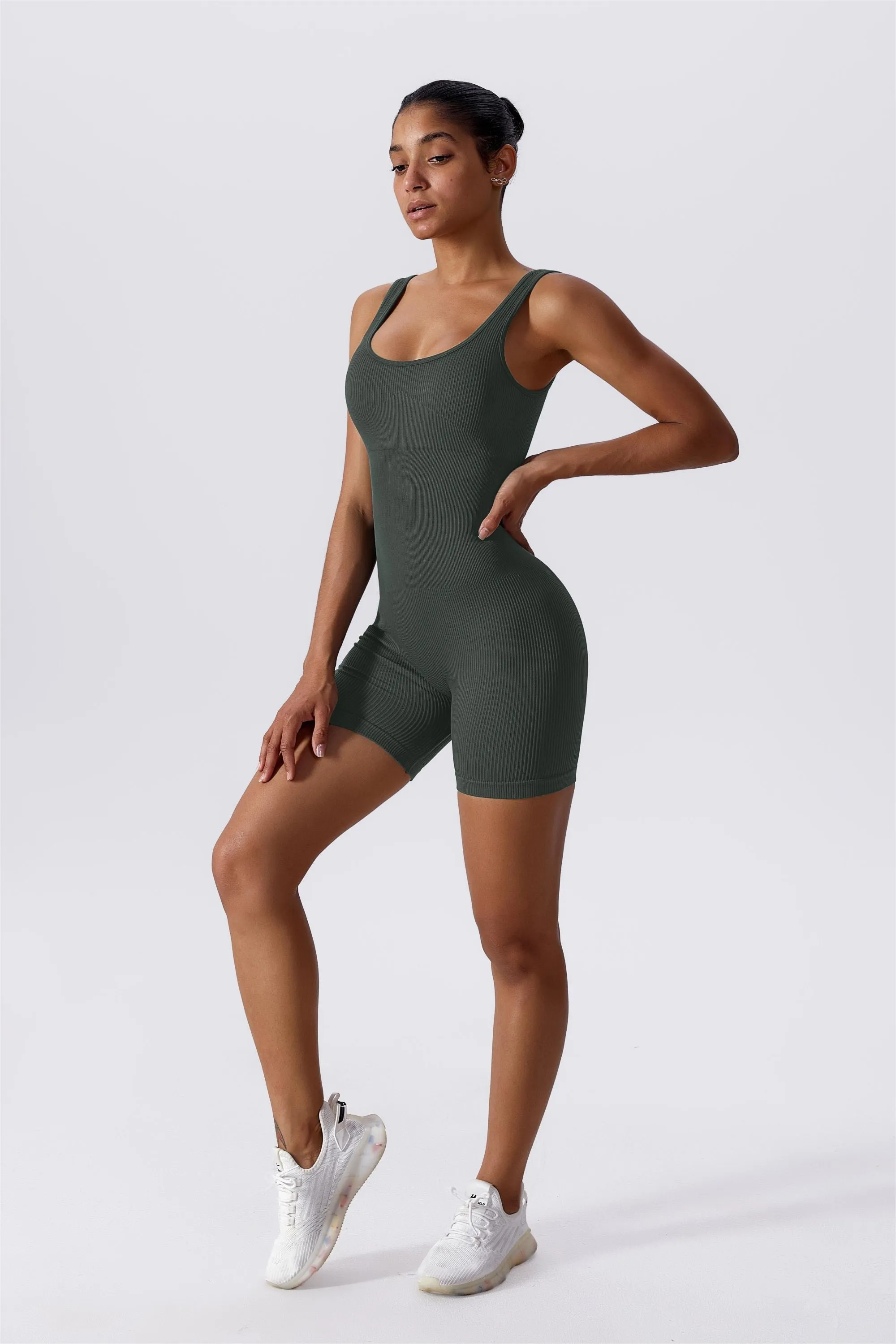 Ribbed Sculpted Scoop Neck Open Back Shortsie