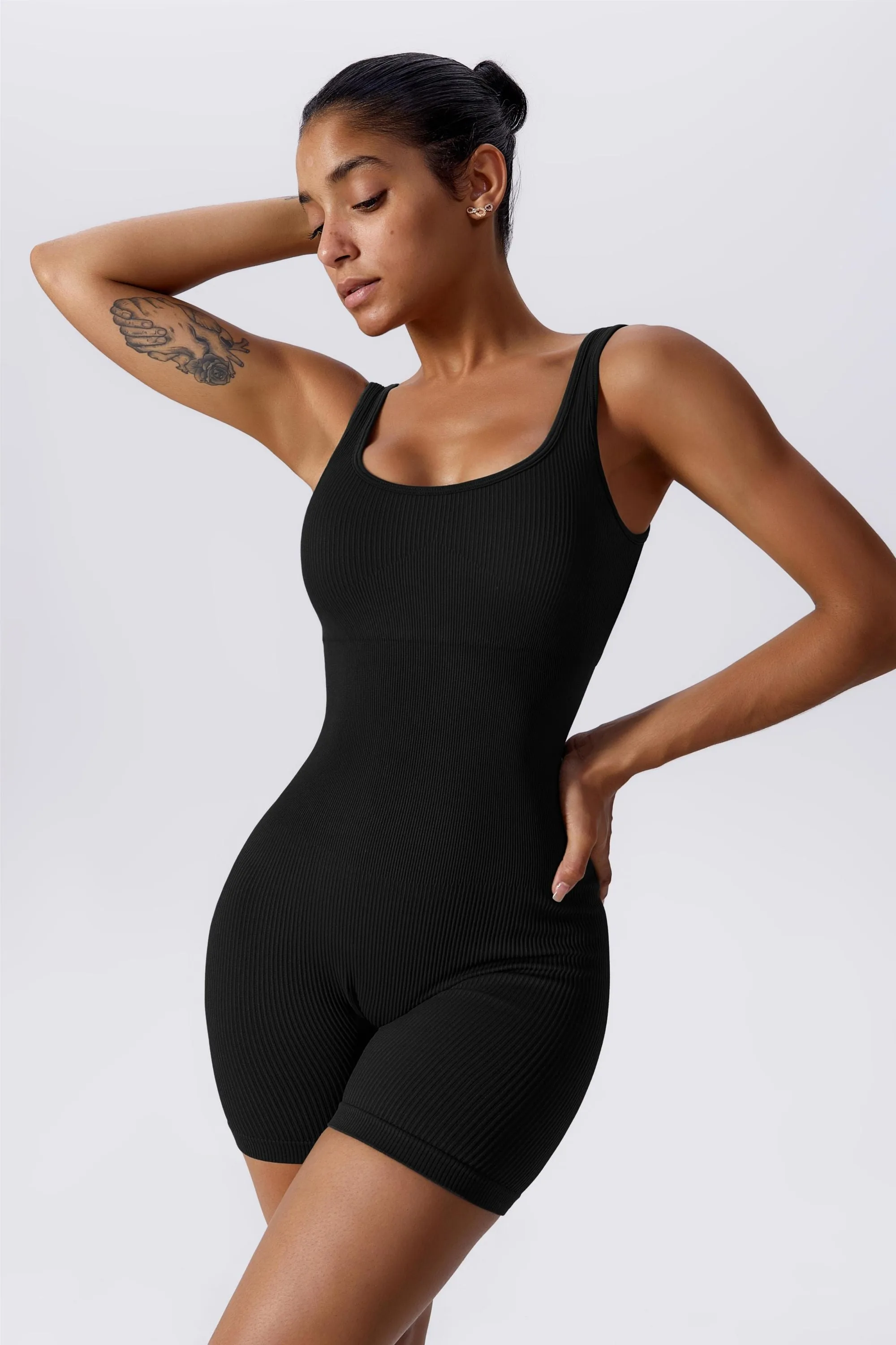 Ribbed Sculpted Scoop Neck Open Back Shortsie