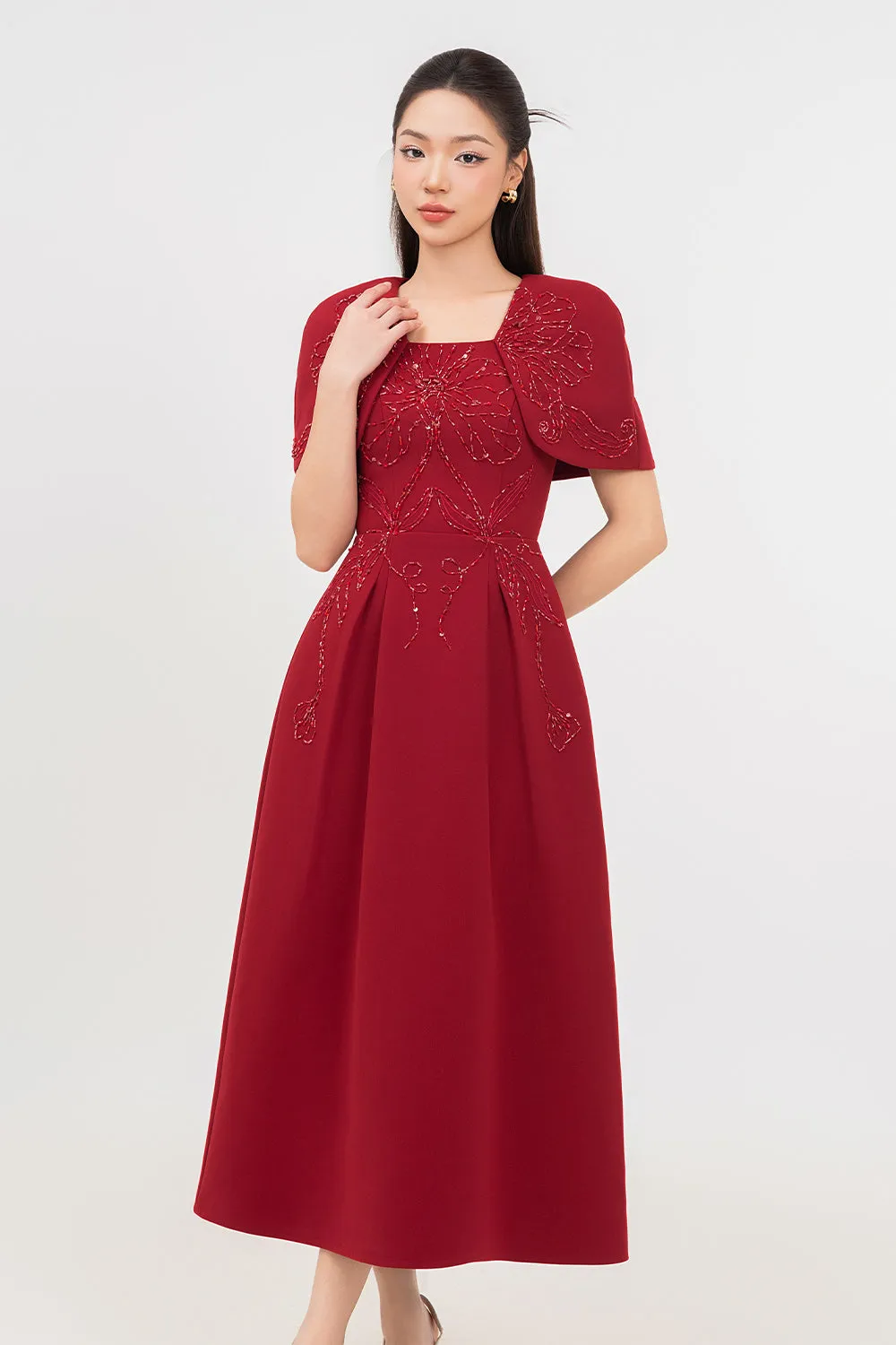Ruby Gored Cape Sleeved Linen Blend Midi Dress