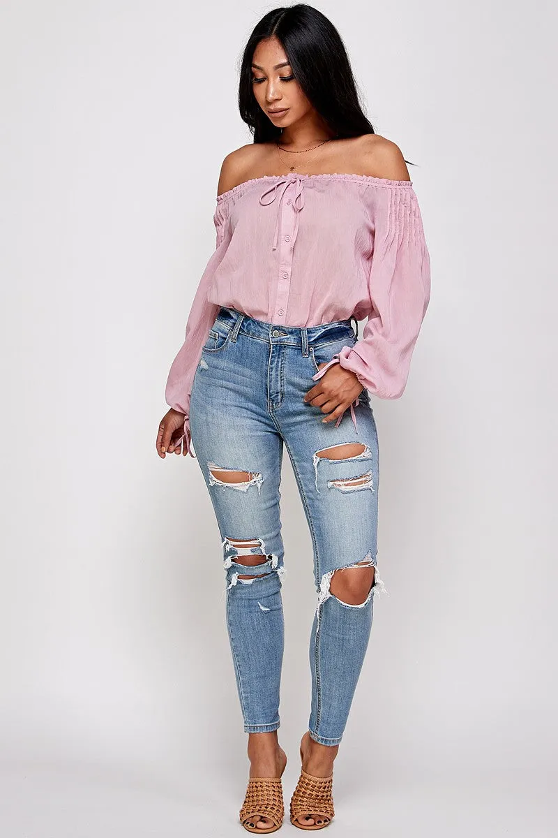 Sandira Bow Detail Off The Shoulder Long Sleeve Bodysuit