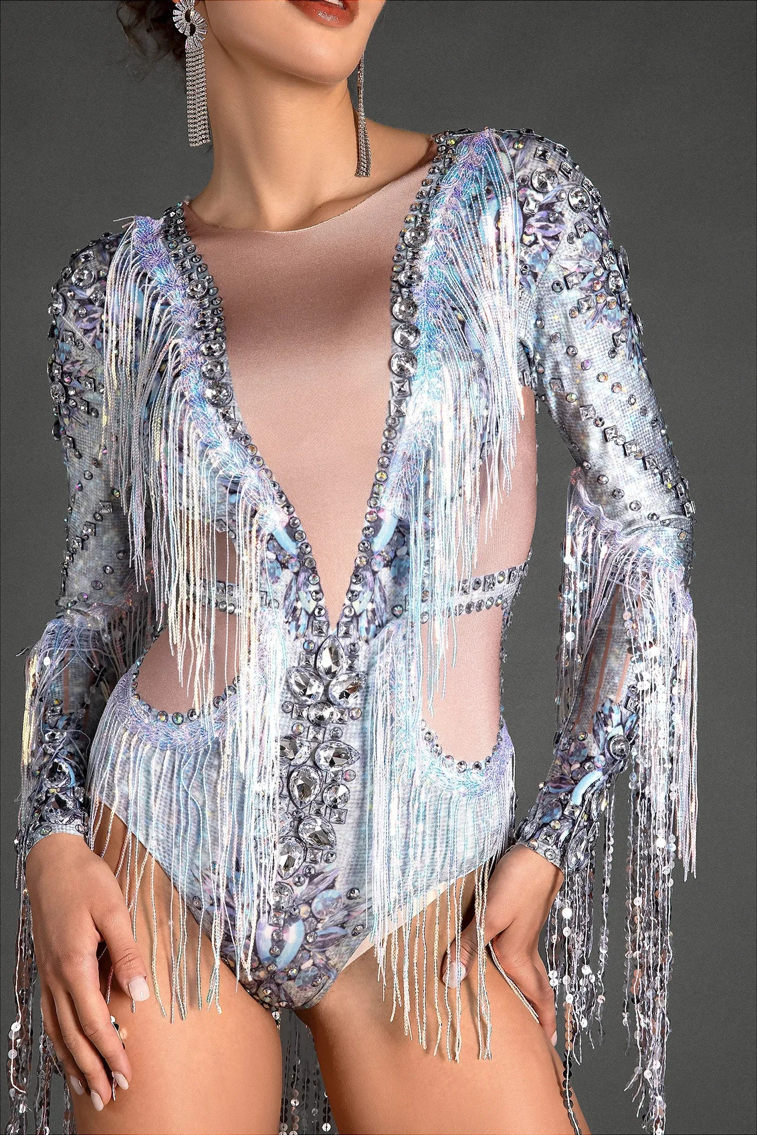 Savvas Crystal Sequin Fringe Bodysuit