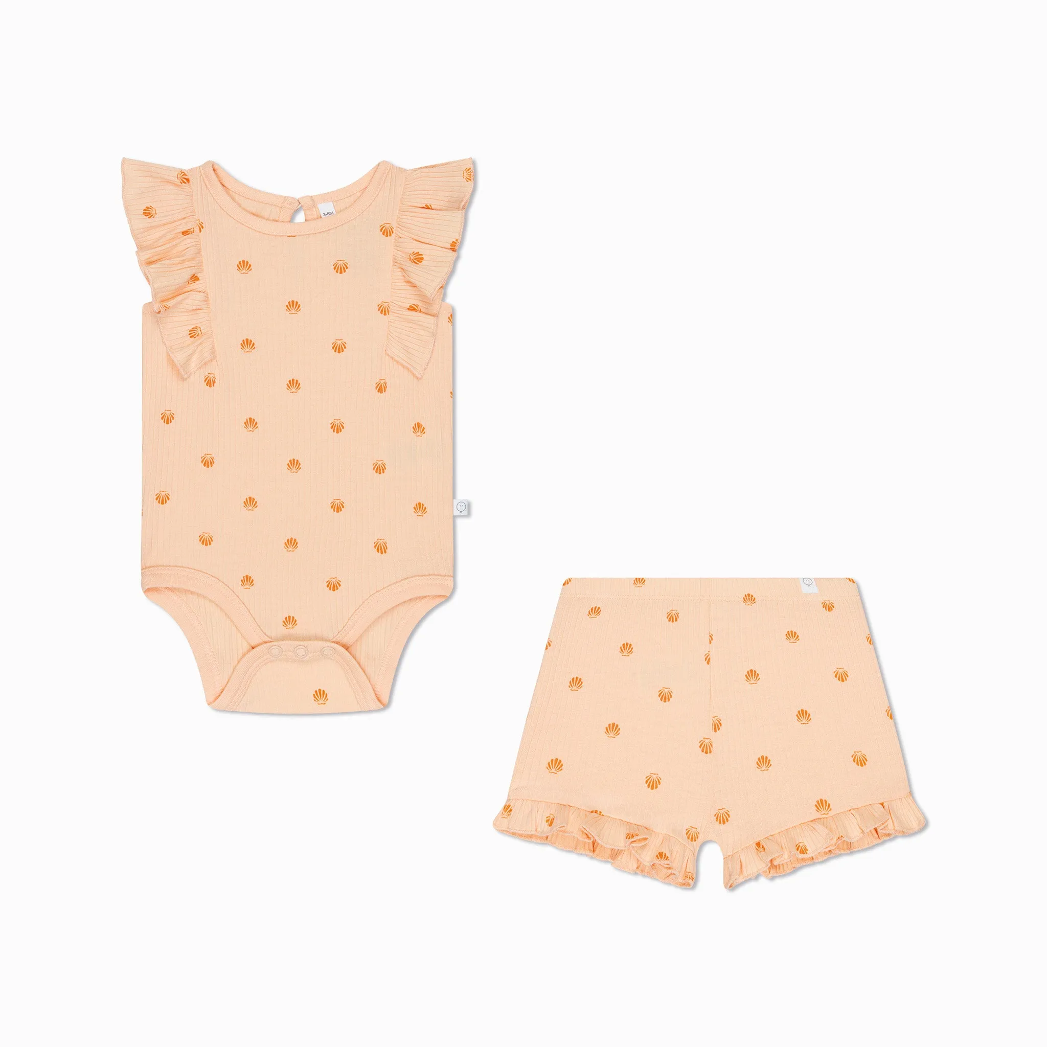 Shell Print Ribbed Frilled Bodysuit & Shorts Outfit