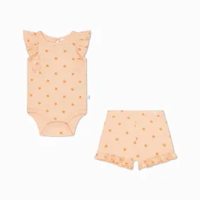 Shell Print Ribbed Frilled Bodysuit & Shorts Outfit
