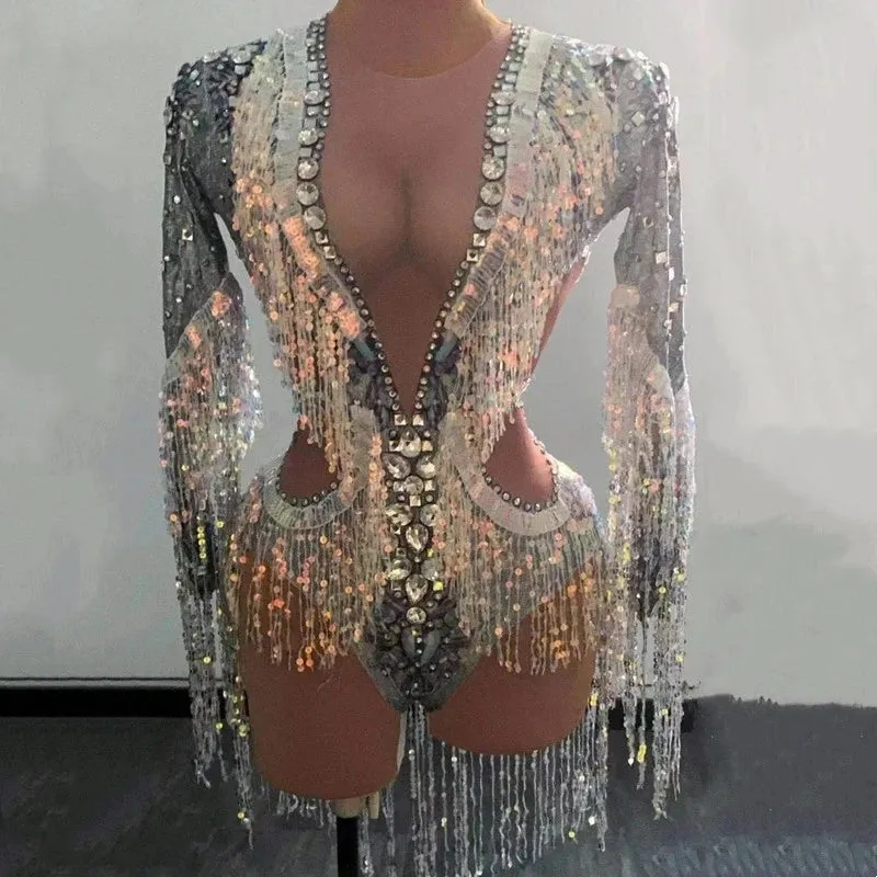Silver Showgirl Stage Wear Rhinestone Bodysuit Costume Sequins Tassel Dance Jumpsuit Leotard