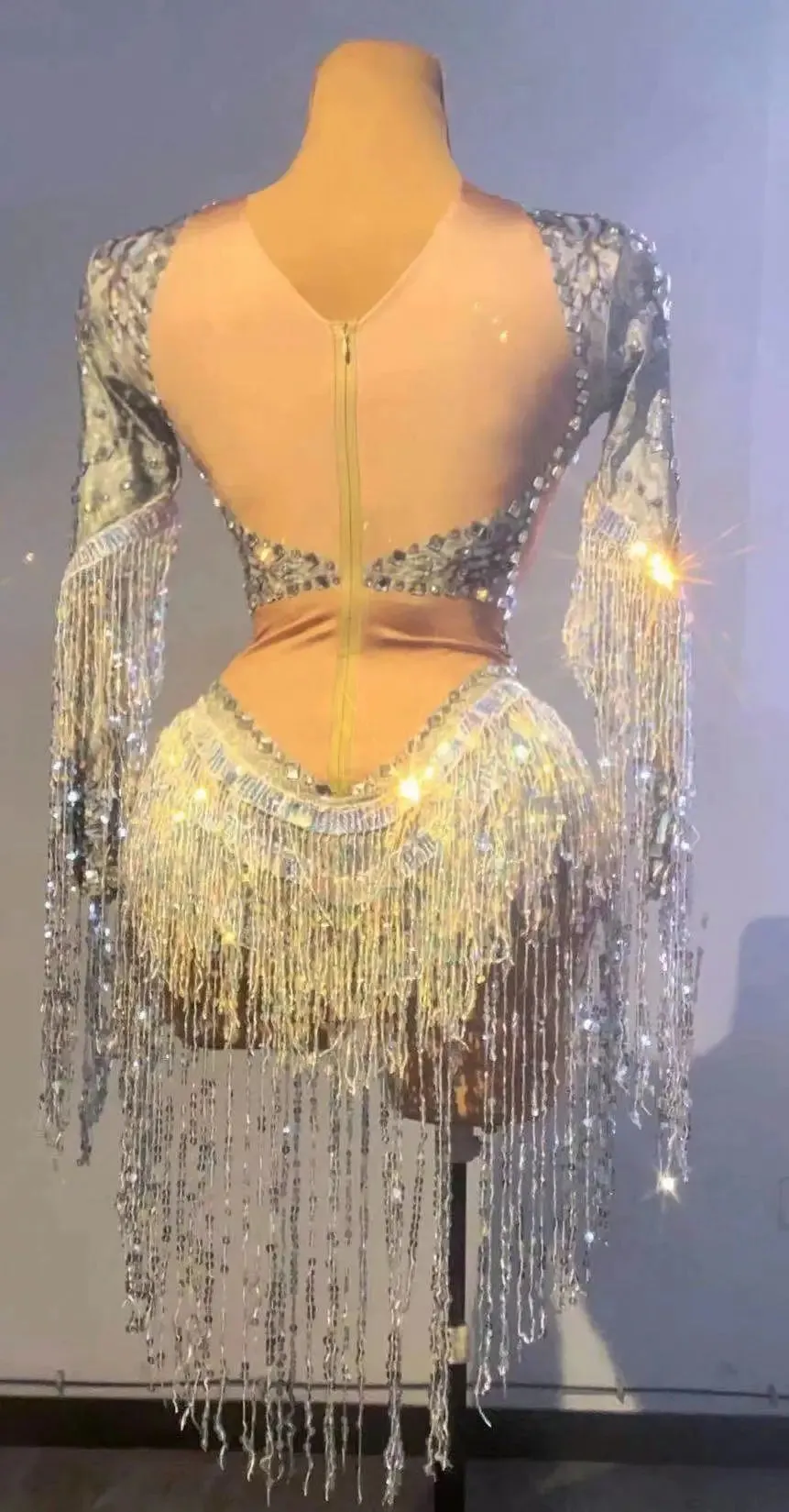 Silver Showgirl Stage Wear Rhinestone Bodysuit Costume Sequins Tassel Dance Jumpsuit Leotard