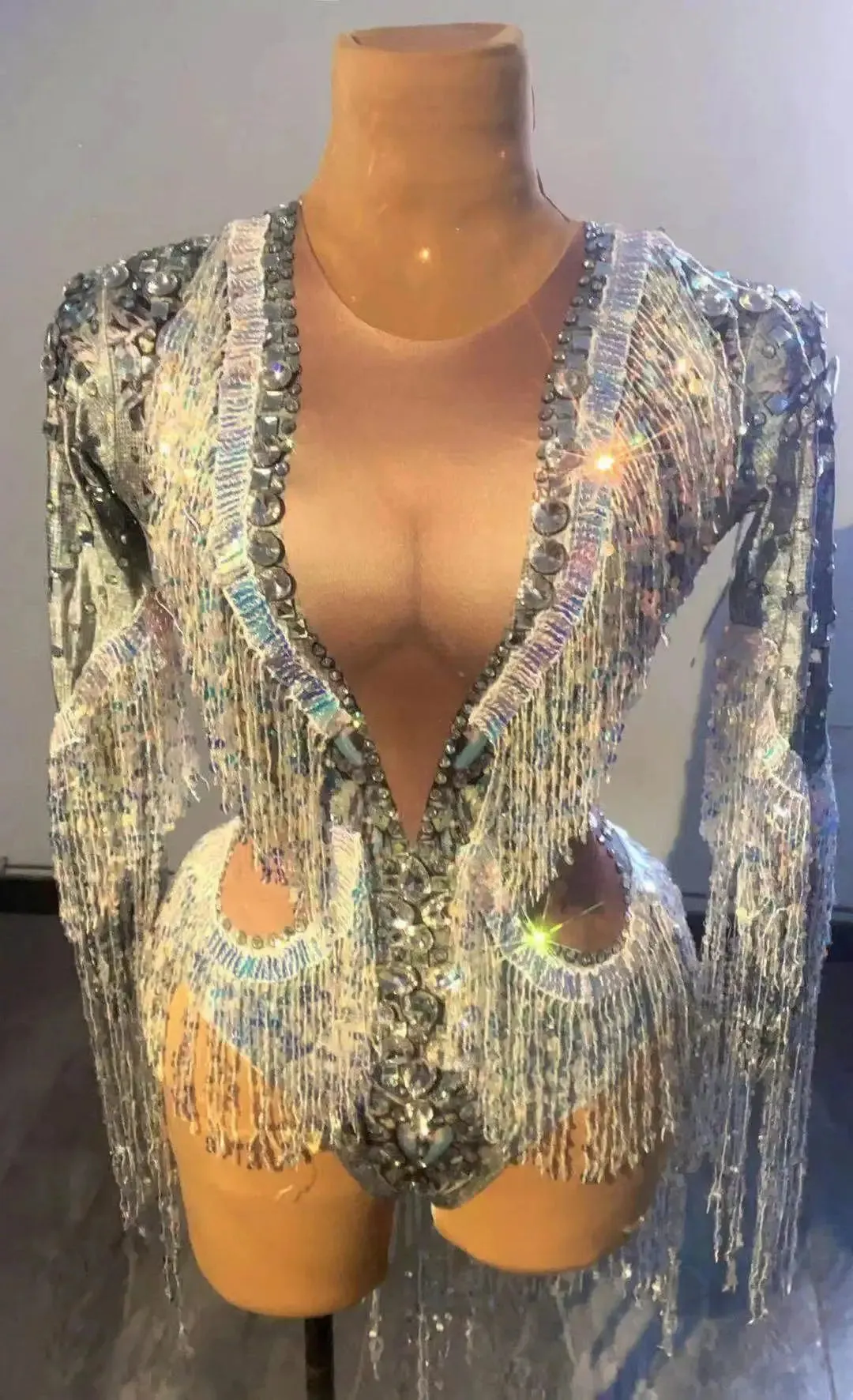 Silver Showgirl Stage Wear Rhinestone Bodysuit Costume Sequins Tassel Dance Jumpsuit Leotard