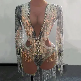 Silver Showgirl Stage Wear Rhinestone Bodysuit Costume Sequins Tassel Dance Jumpsuit Leotard