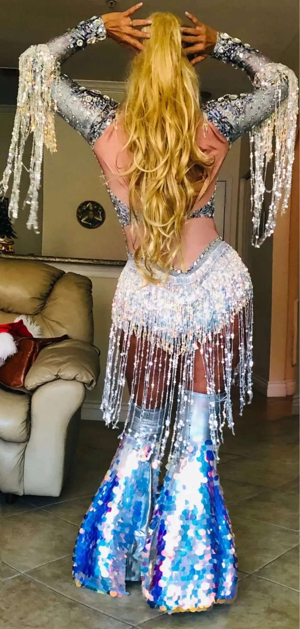 Silver Showgirl Stage Wear Rhinestone Bodysuit Costume Sequins Tassel Dance Jumpsuit Leotard
