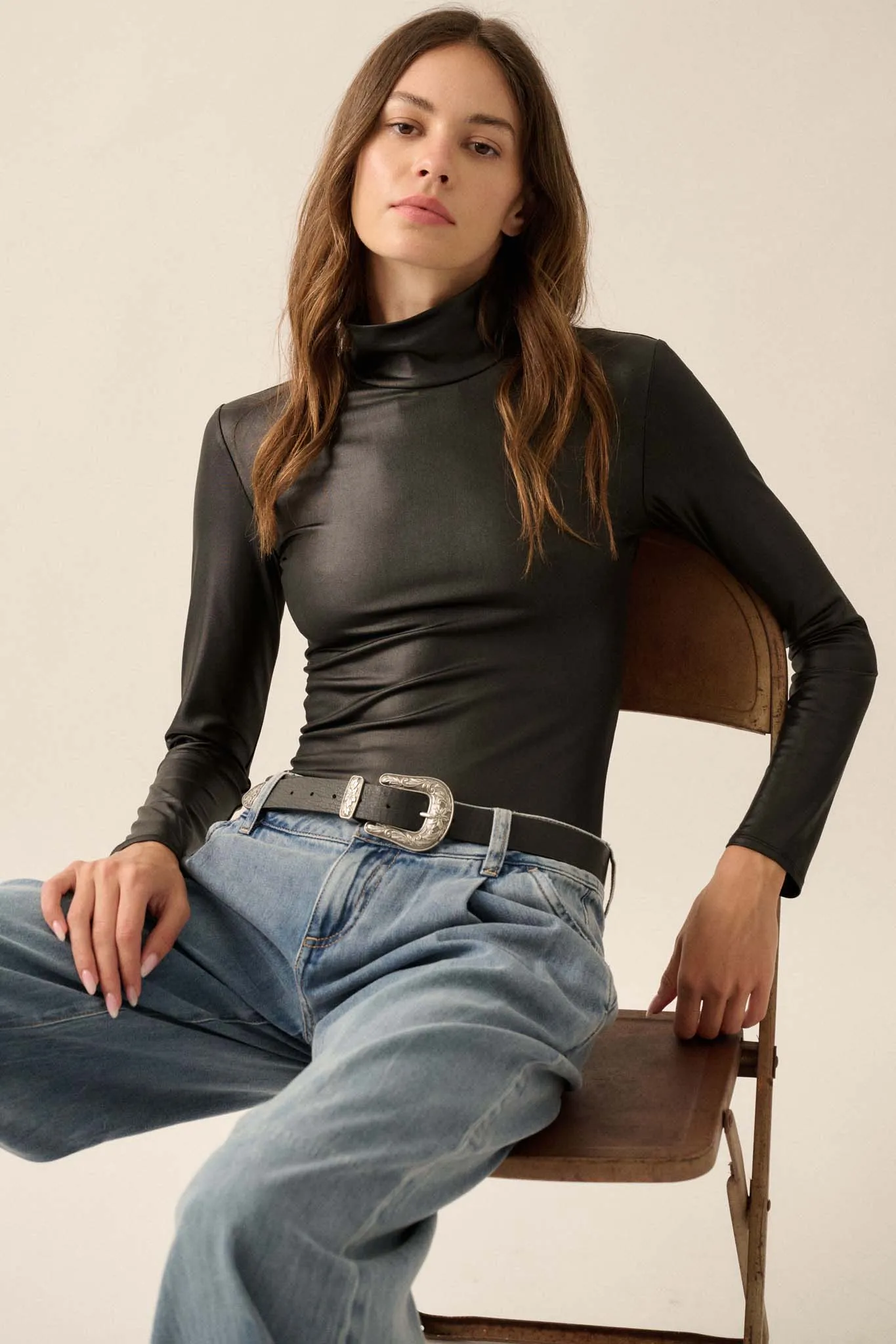 Sleek Attack Liquid Leather Mock-Neck Bodysuit