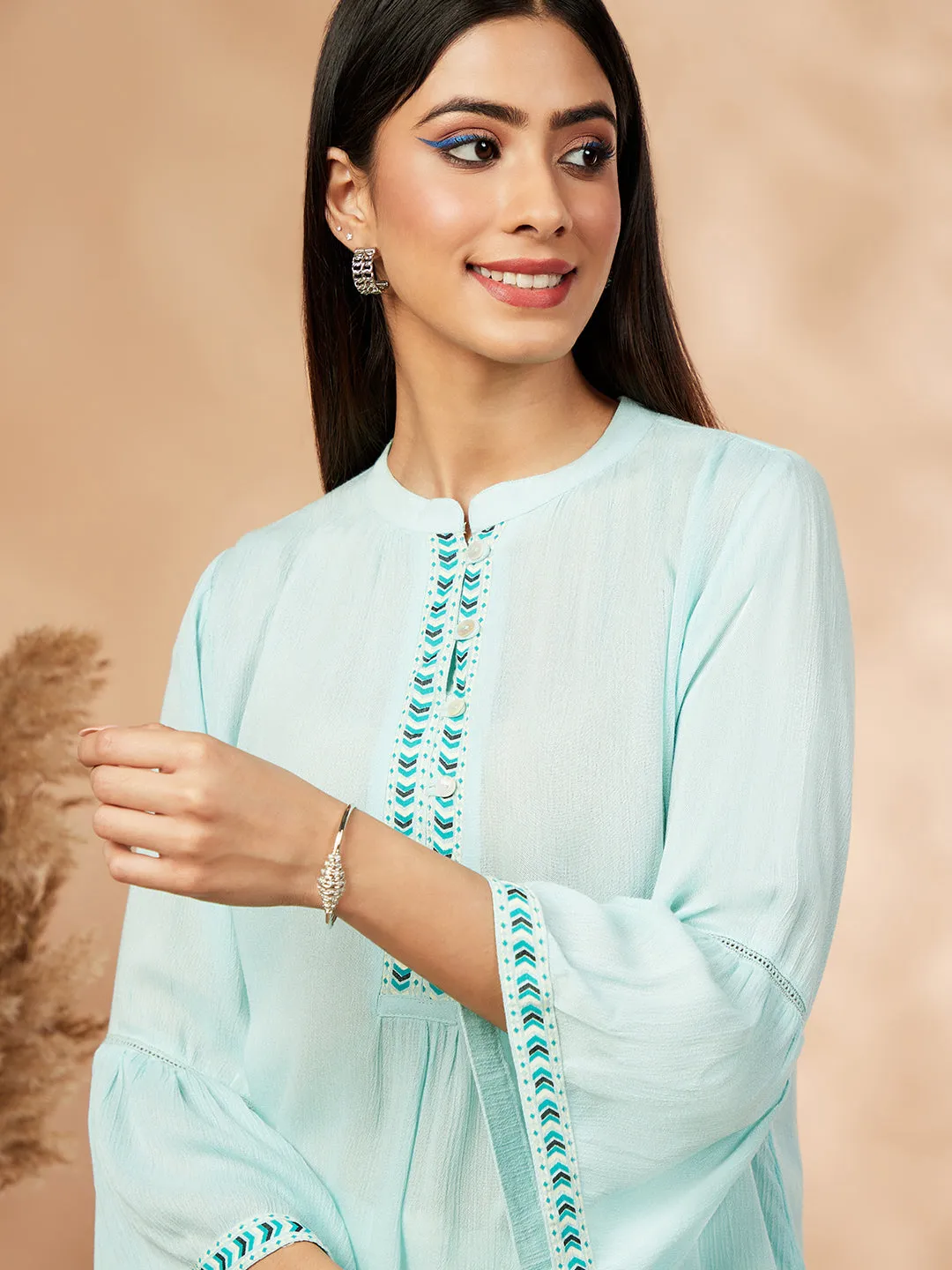 Solid Turquoise Pink  Gathered Top